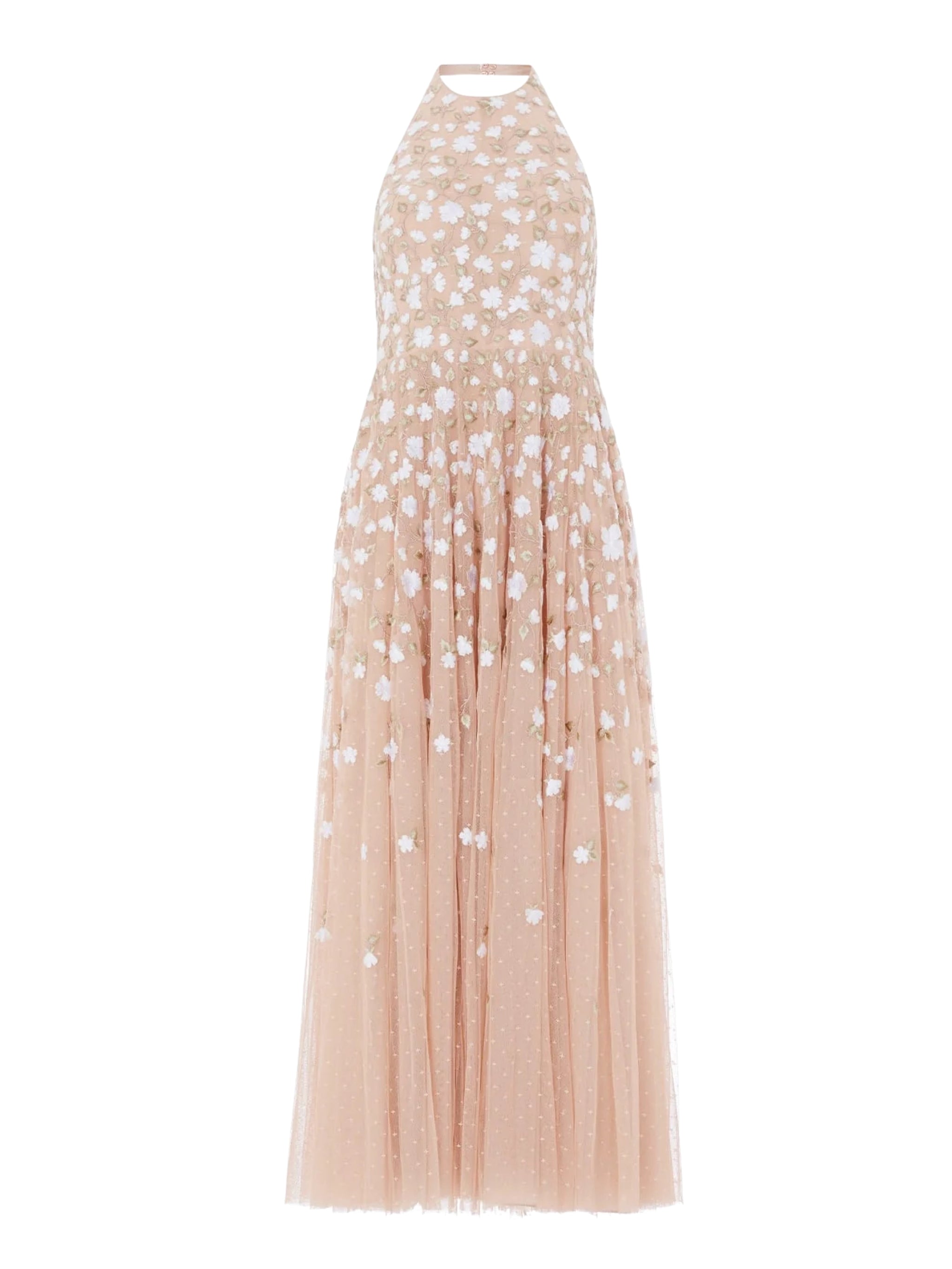 Trailing roses halter-neck ankle gown