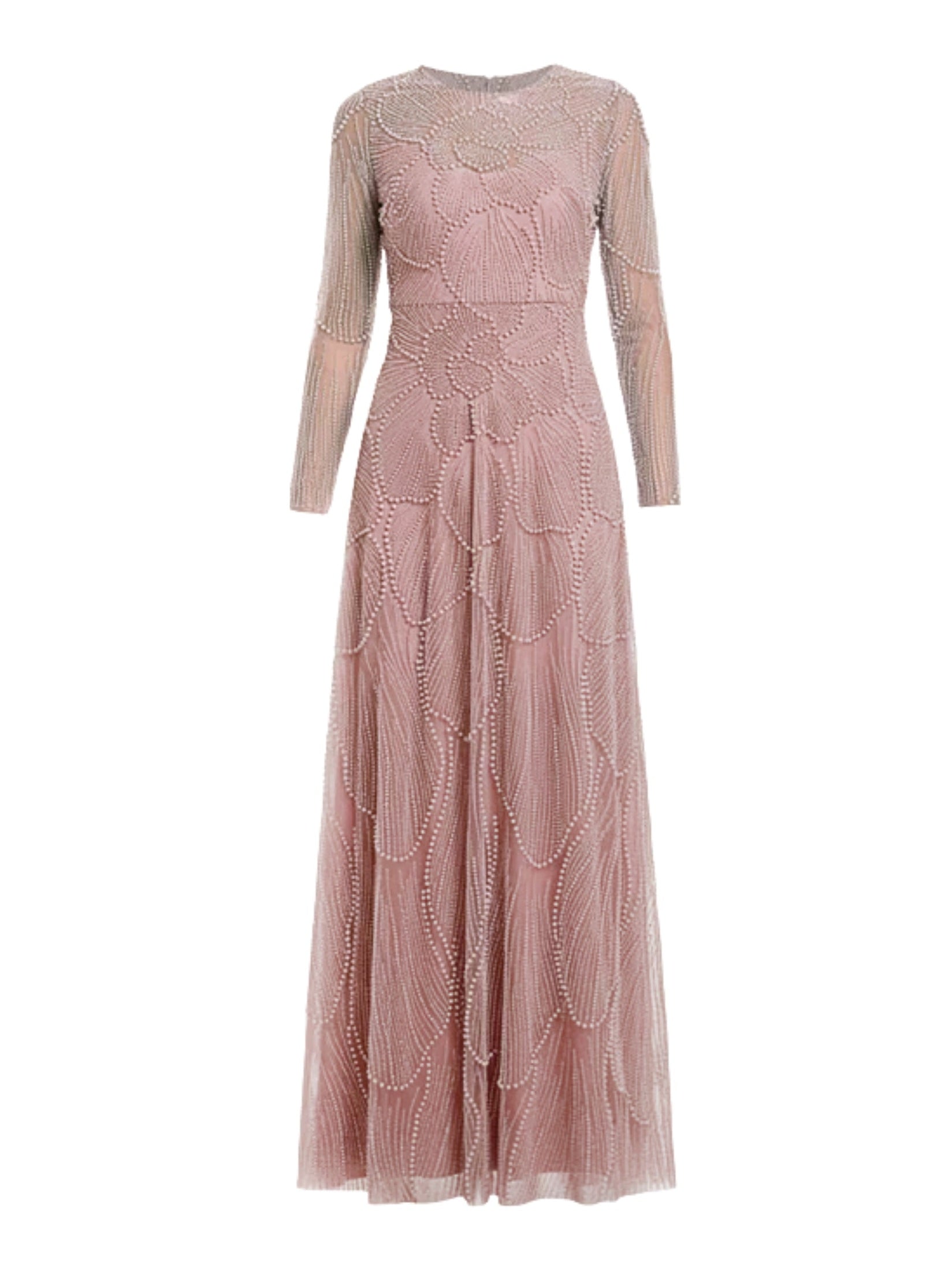 Pink beaded high neck long sleeve a-line gown