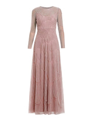 PINK BEADED HIGH NECK LONG SLEEVE A-LINE GOWN