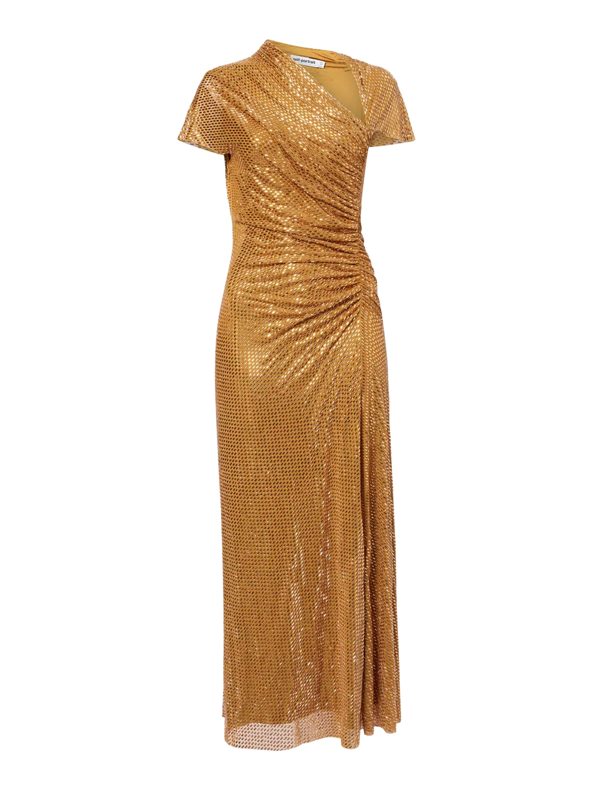 GOLD RHINESTONE DRAPE MIDI DRESS
