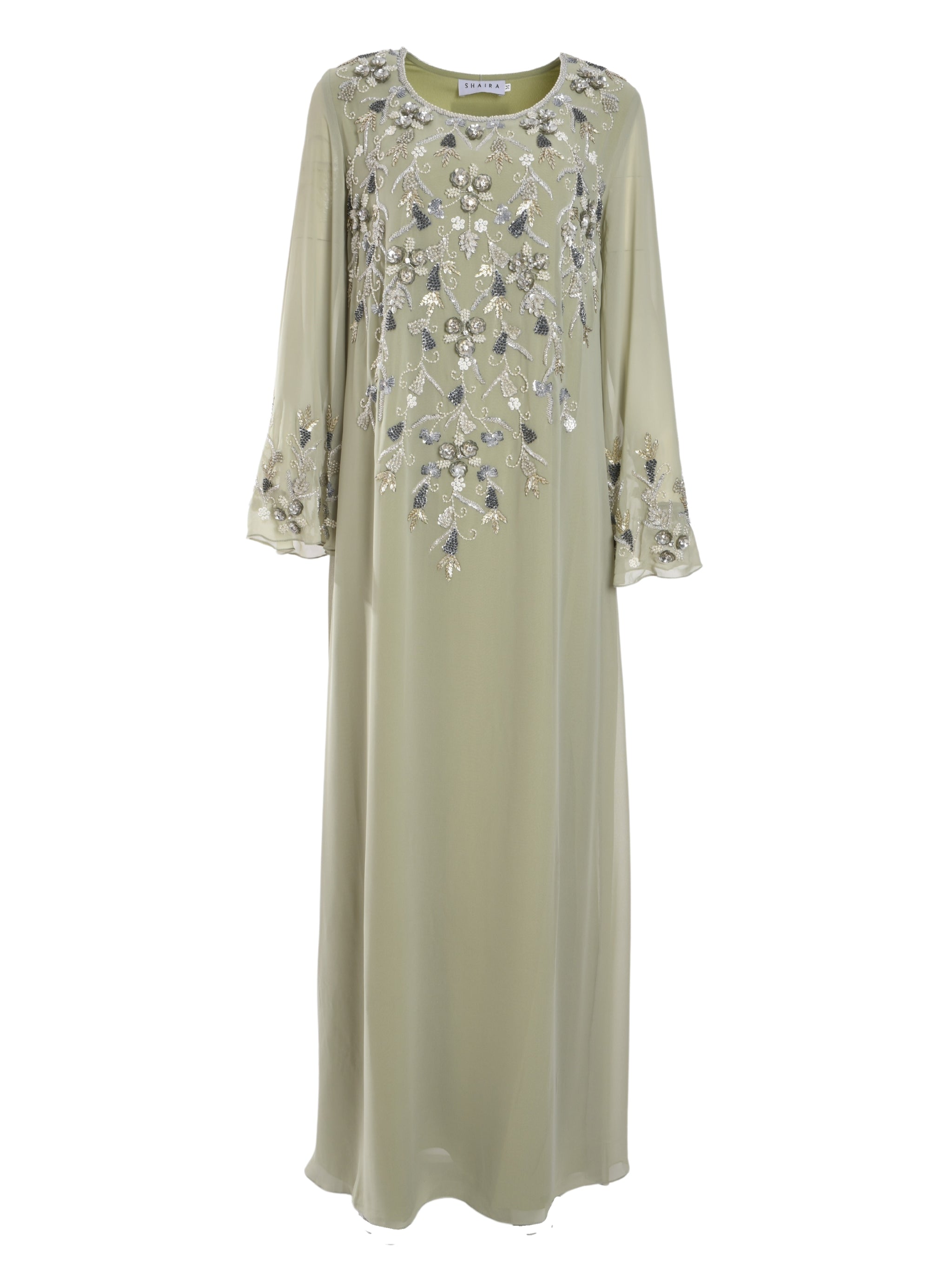 Long Sleeves Kaftan with Silver Abstract Floral Embroidery