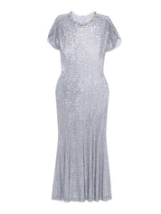 BLUE RHINESTONE MESH MIDI DRESS