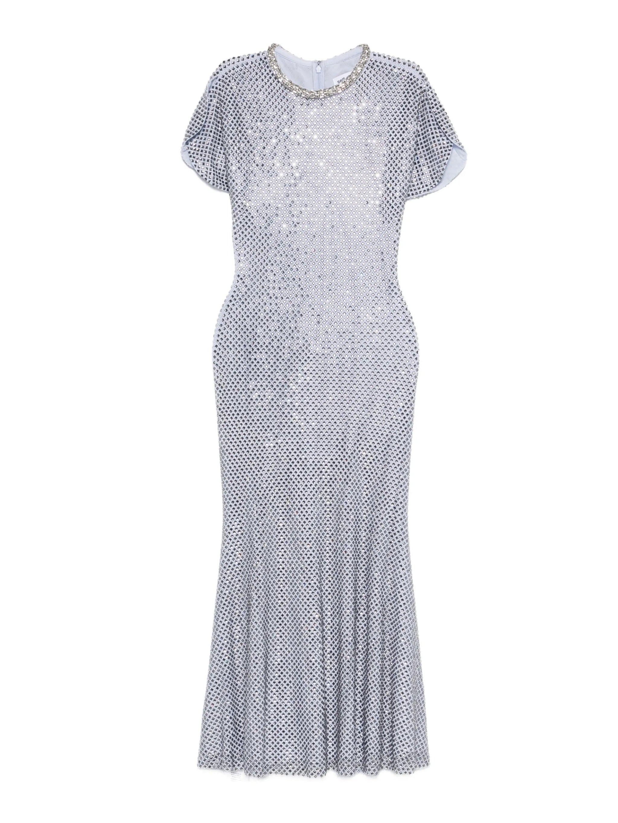 BLUE RHINESTONE MESH MIDI DRESS