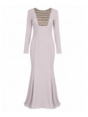 Hand embroiderd chest long sleeves off shoulder dress full cover modest dress fish cutpleated back