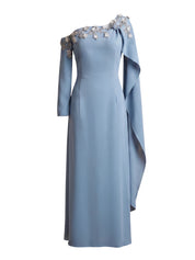 Blue Hand-Embroidered Asymmetric Cape Modest Dress