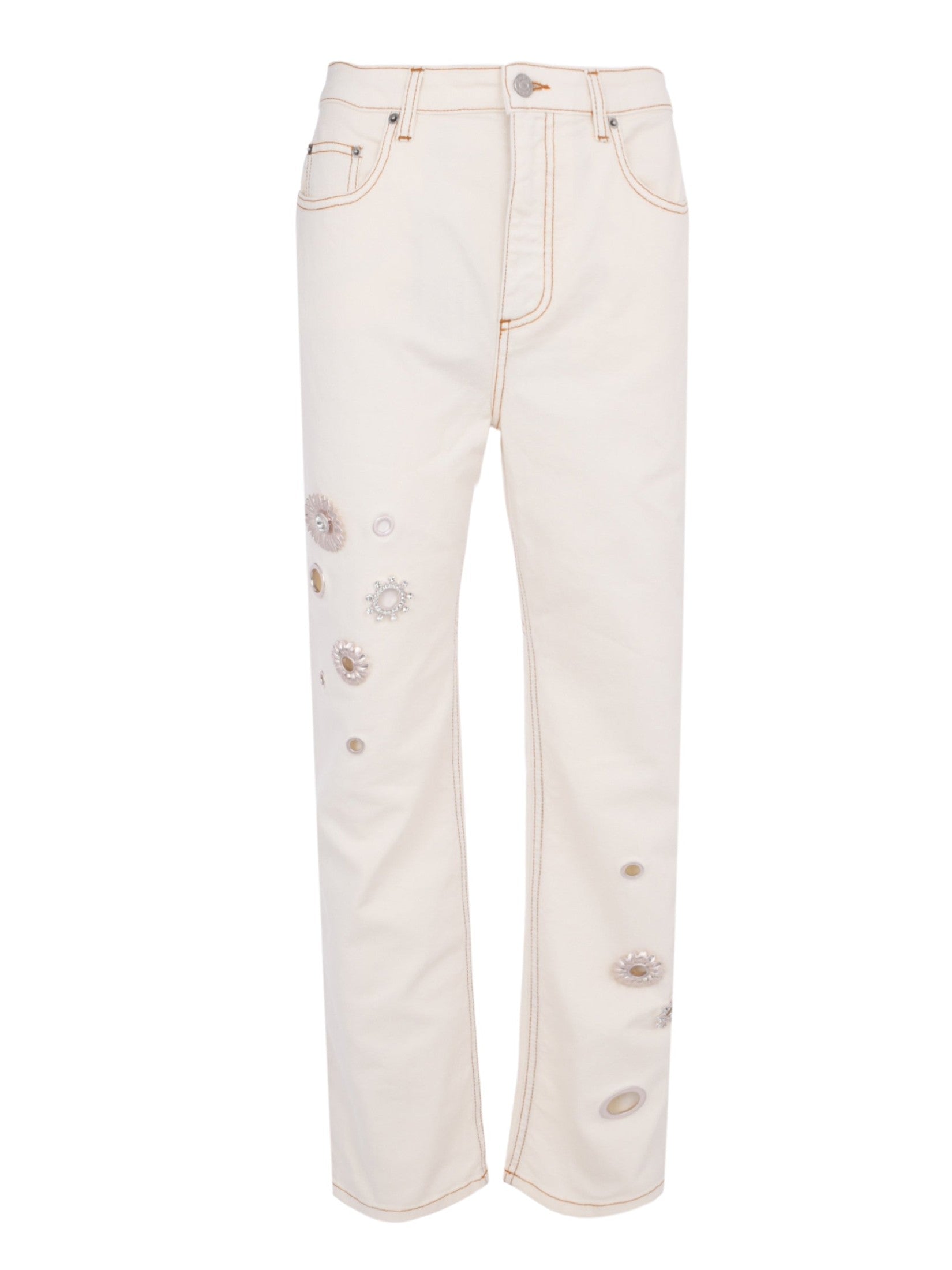 Crystal grommet straight leg jean