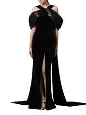 Halter-neck fitted velvet dress featuring a liquid gazar drape