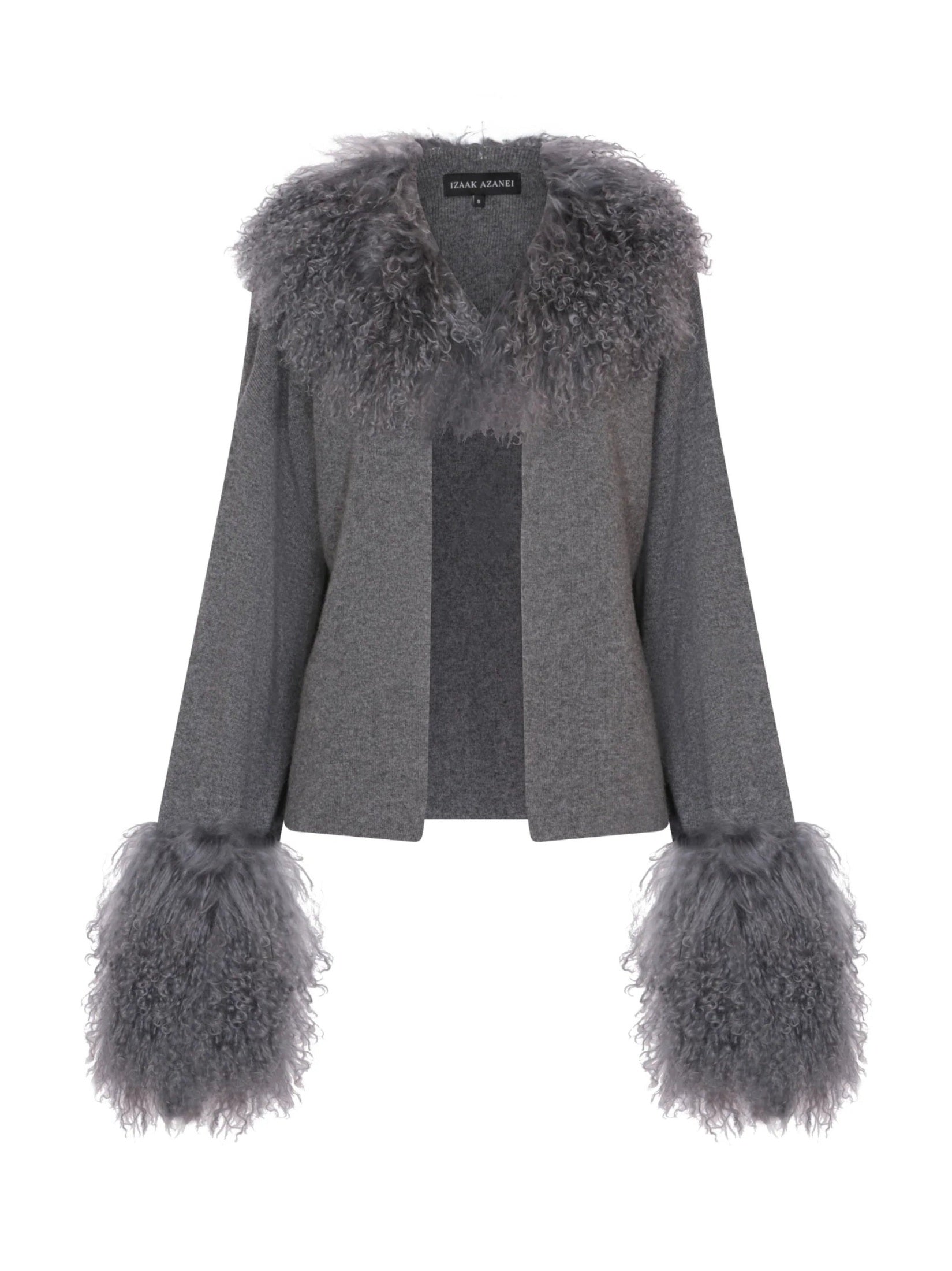 The cable knit jacket with shearling collar & cuffs in storm