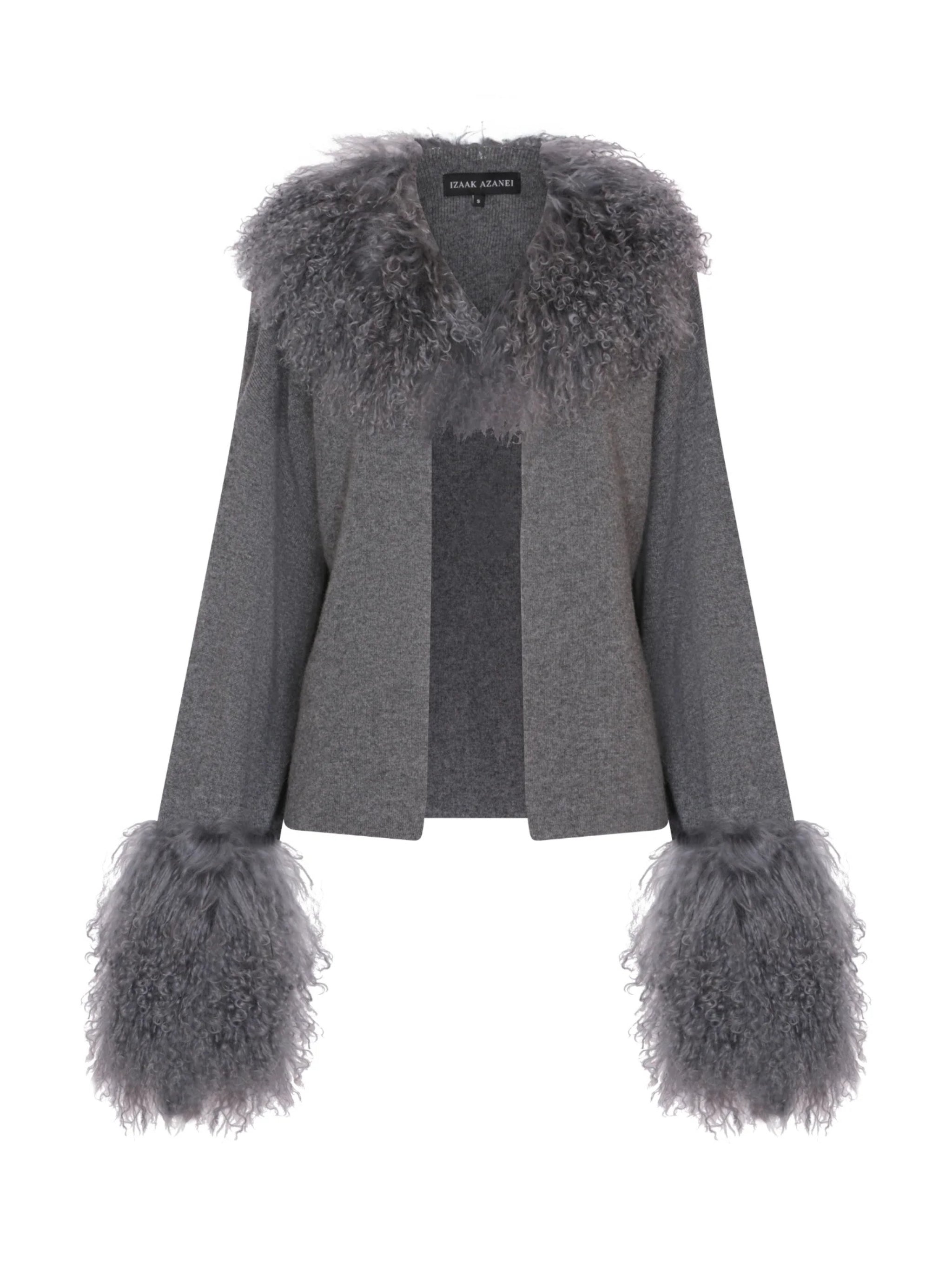 THE CABLE KNIT JACKET WITH SHEARLING COLLAR & CUFFS IN STORM