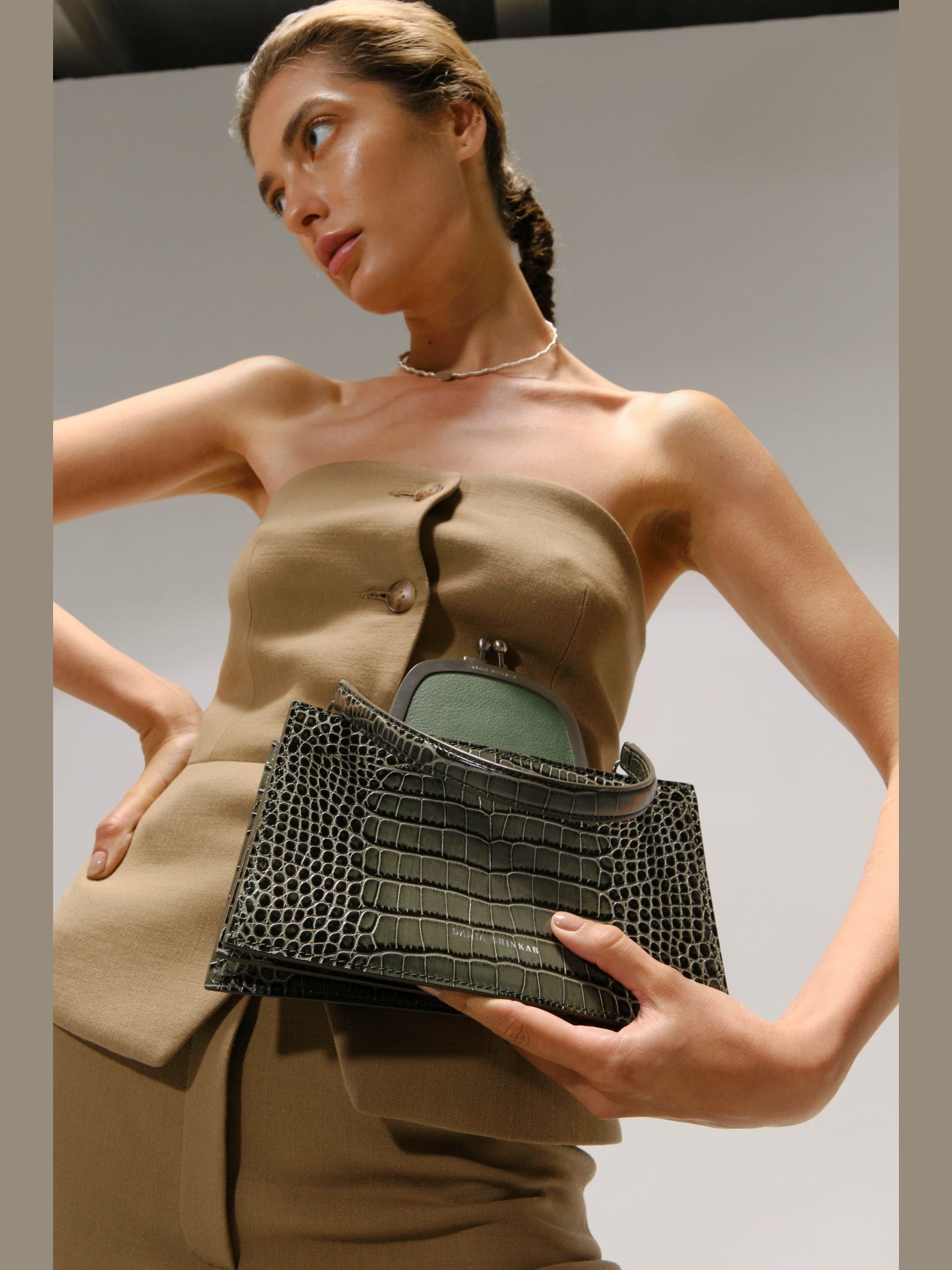 Majj  olive croc embossed