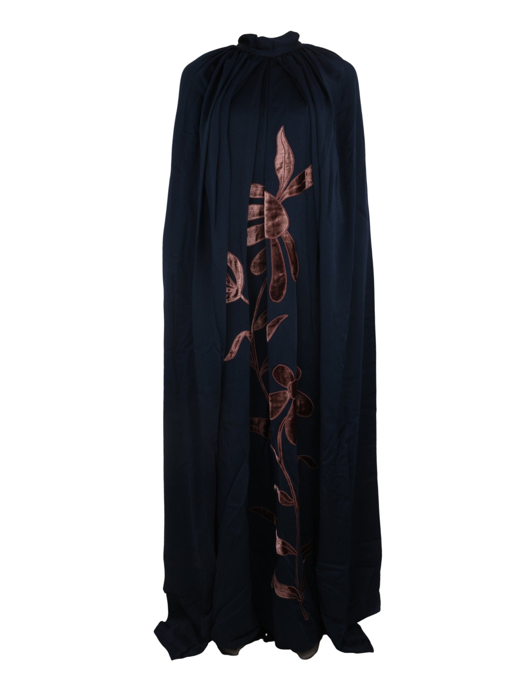 Indara heavy satin ankle length cape dress with velvet embroidery applique