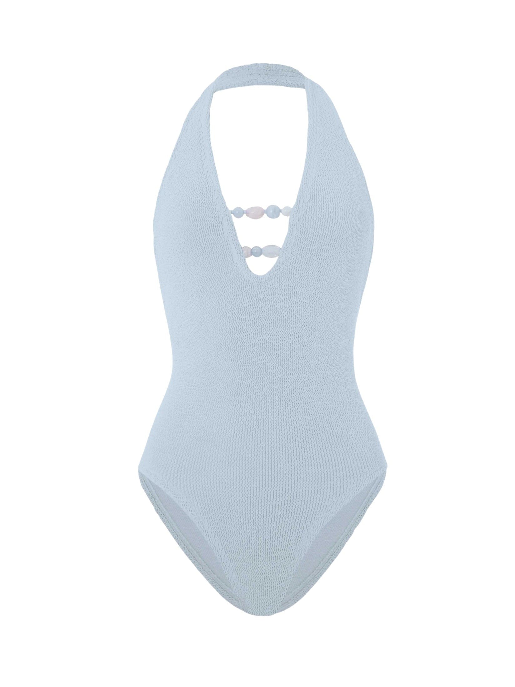 Adriana beaded swim - a metallic crinkle metallic ice blue