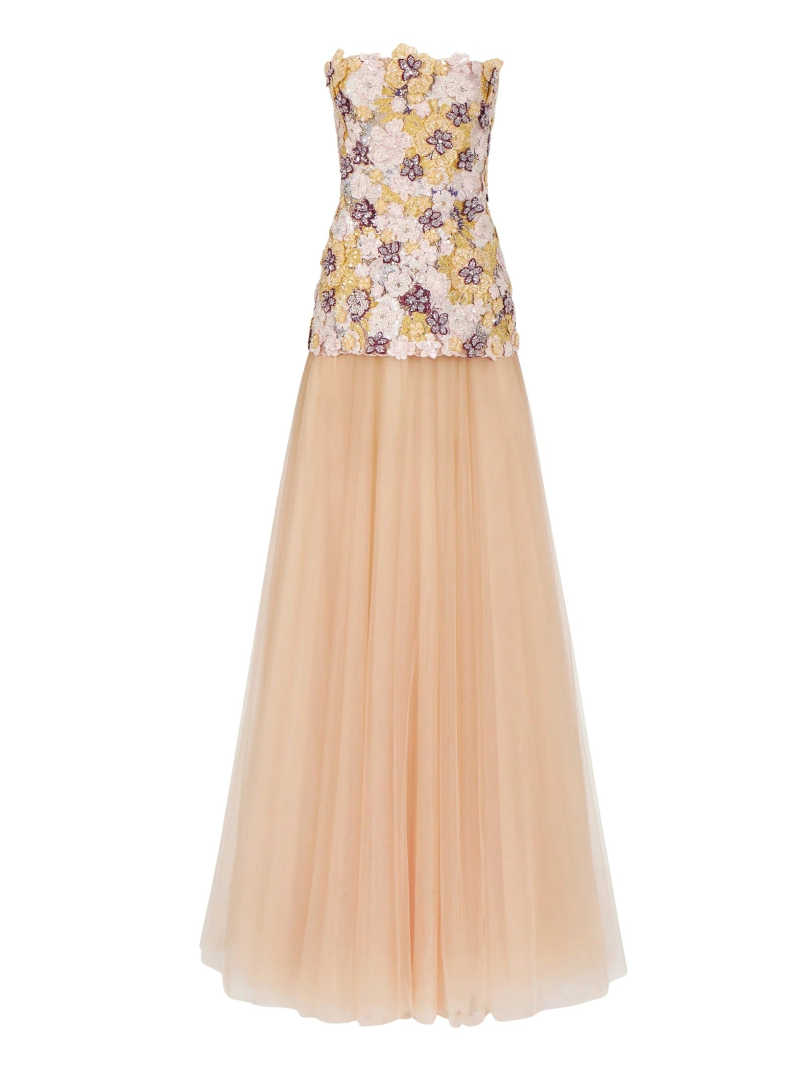 Embroidered & beaded floral lace gown w. tulle