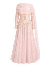 Moonlight sequin draped long sleeve gown