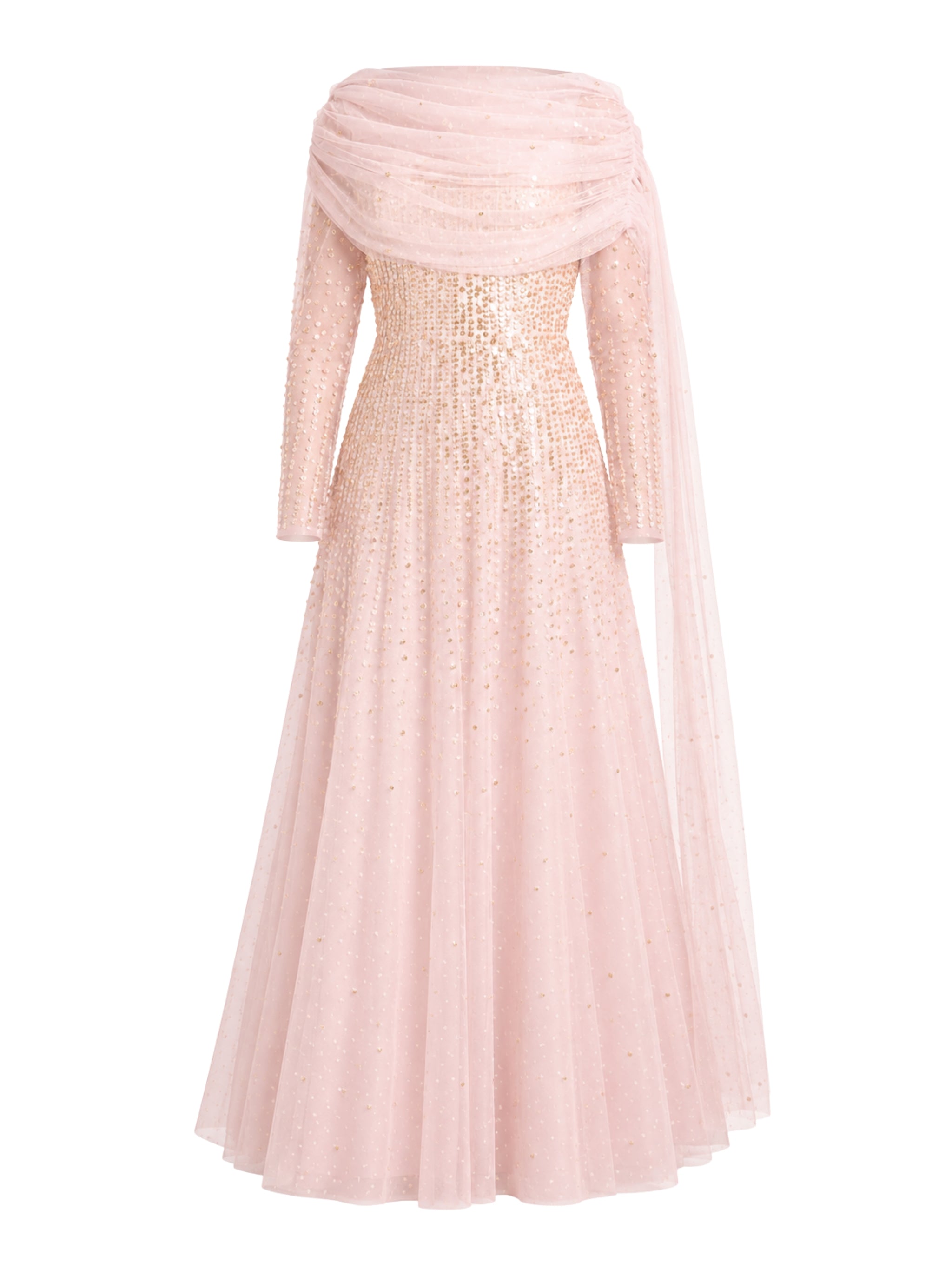Moonlight sequin draped long sleeve gown
