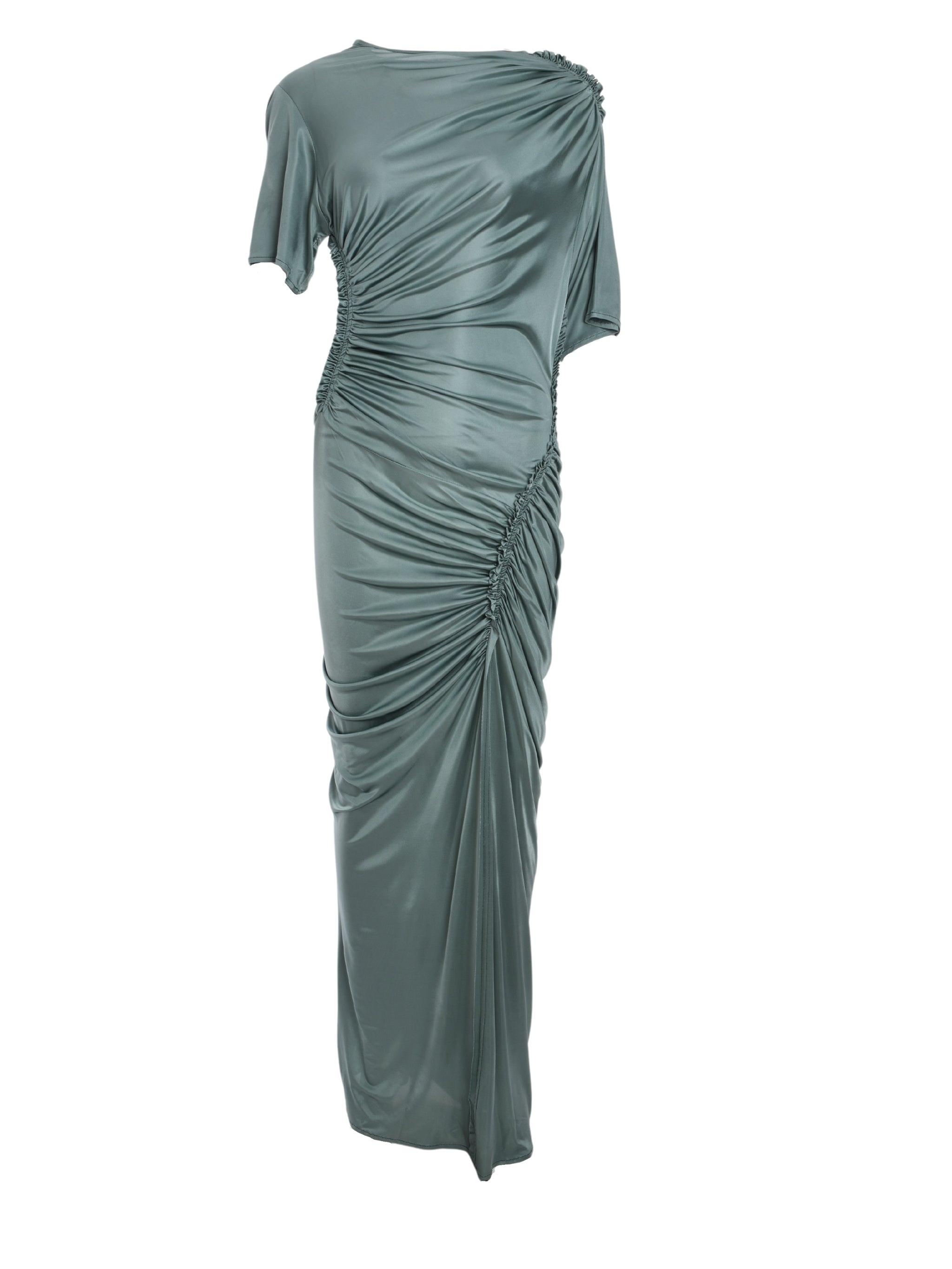 ASYMMETRIC RUCHED MIDI DRESS
