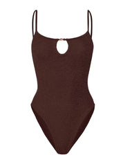 Mia beaded swim - m metallic crinkle metallic chocolate
