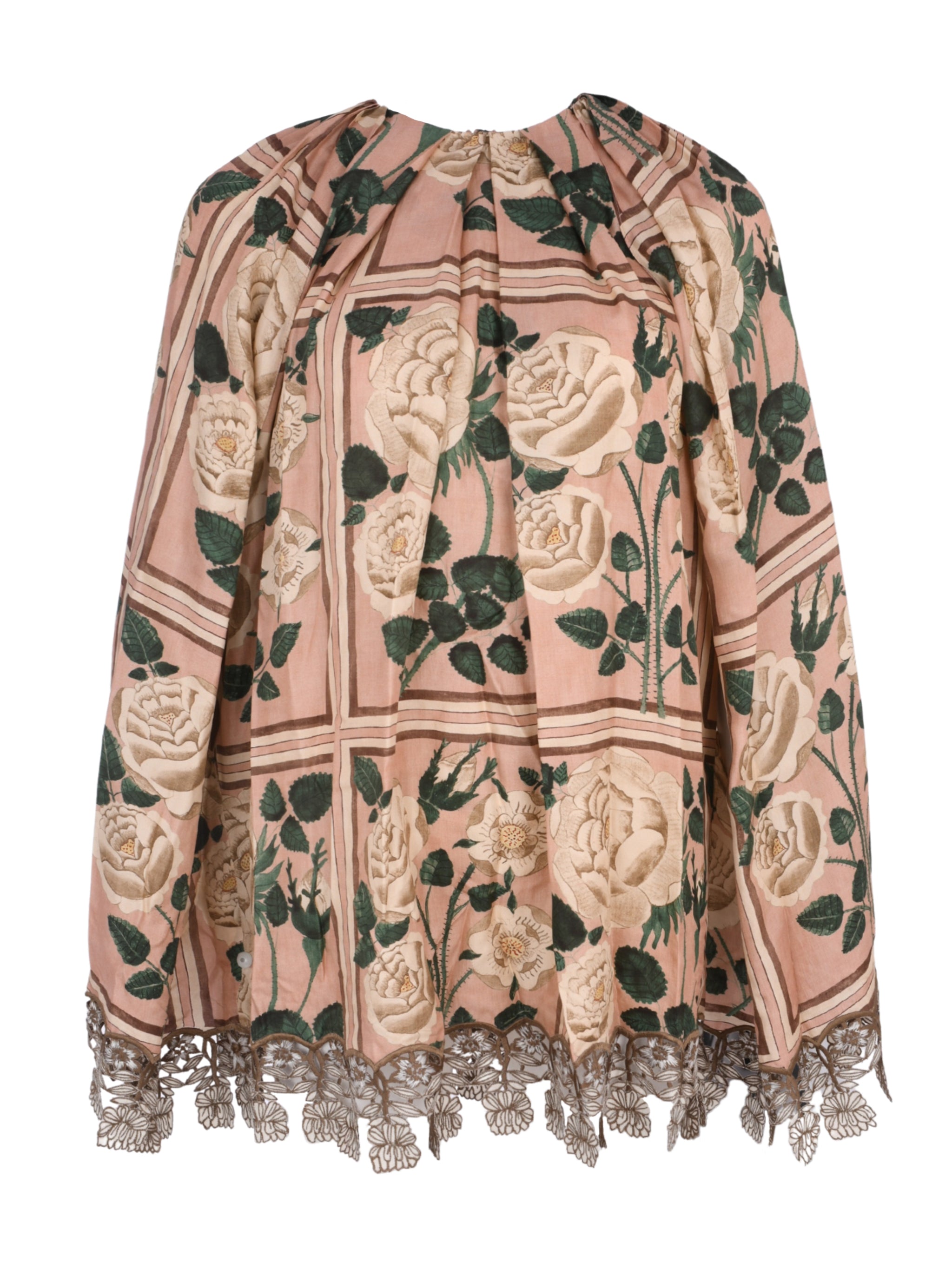 Sutra embroidered hemline twill silk print cape blouse
