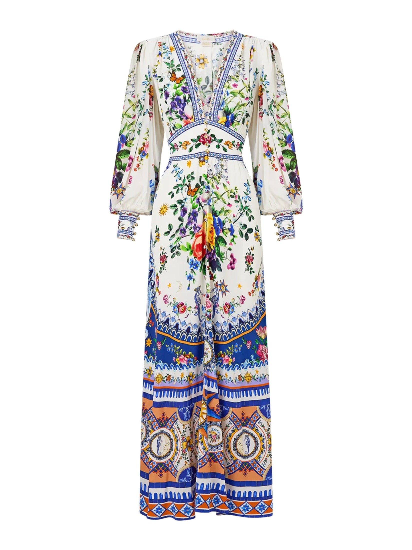 Shaped waistband dress with gathered sleeves