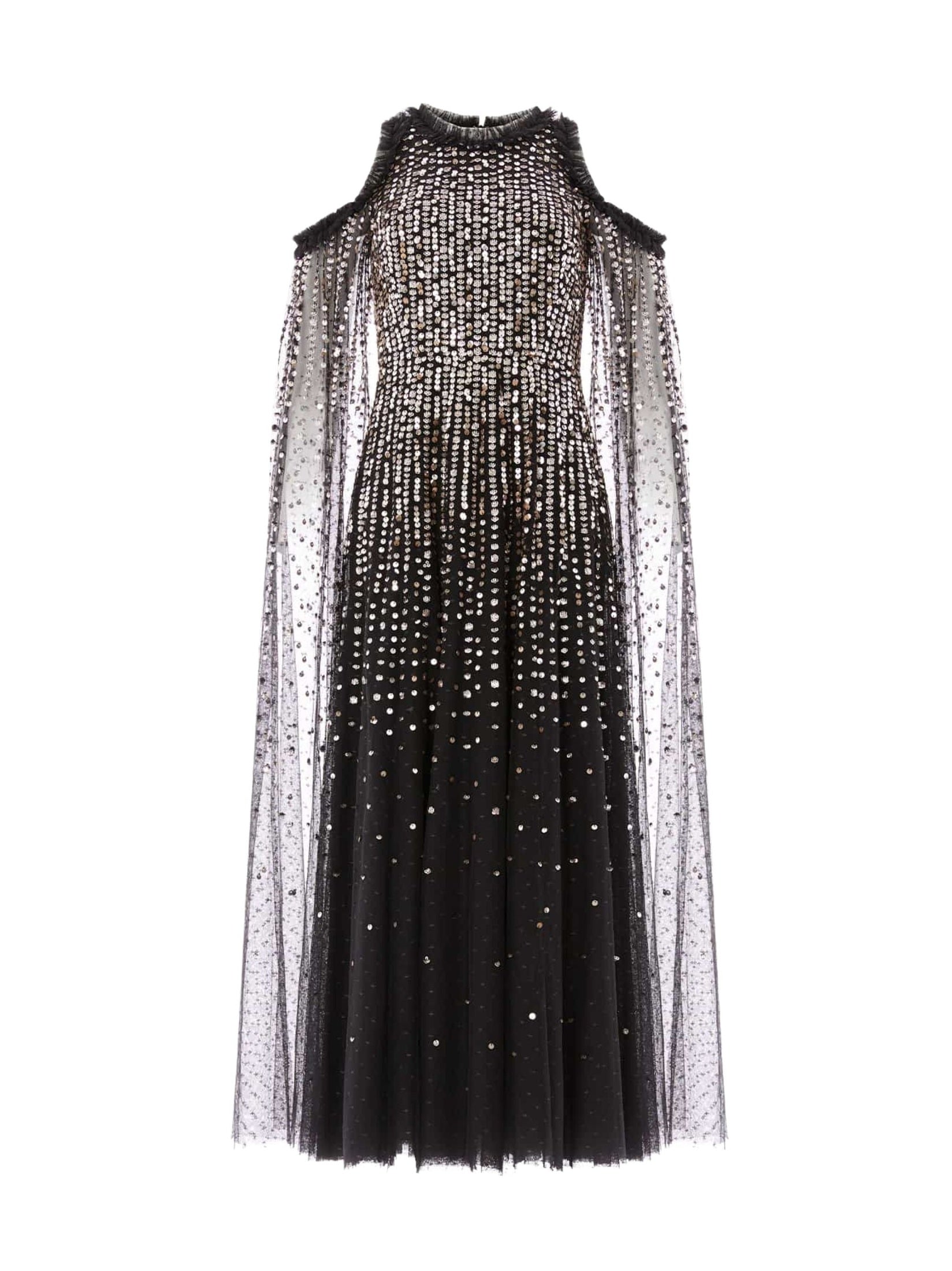 Moonlight sequin cape sleeve ankle gown