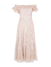 SEQUIN RIBBON OFF-SHOULDER ANKLE GOWN