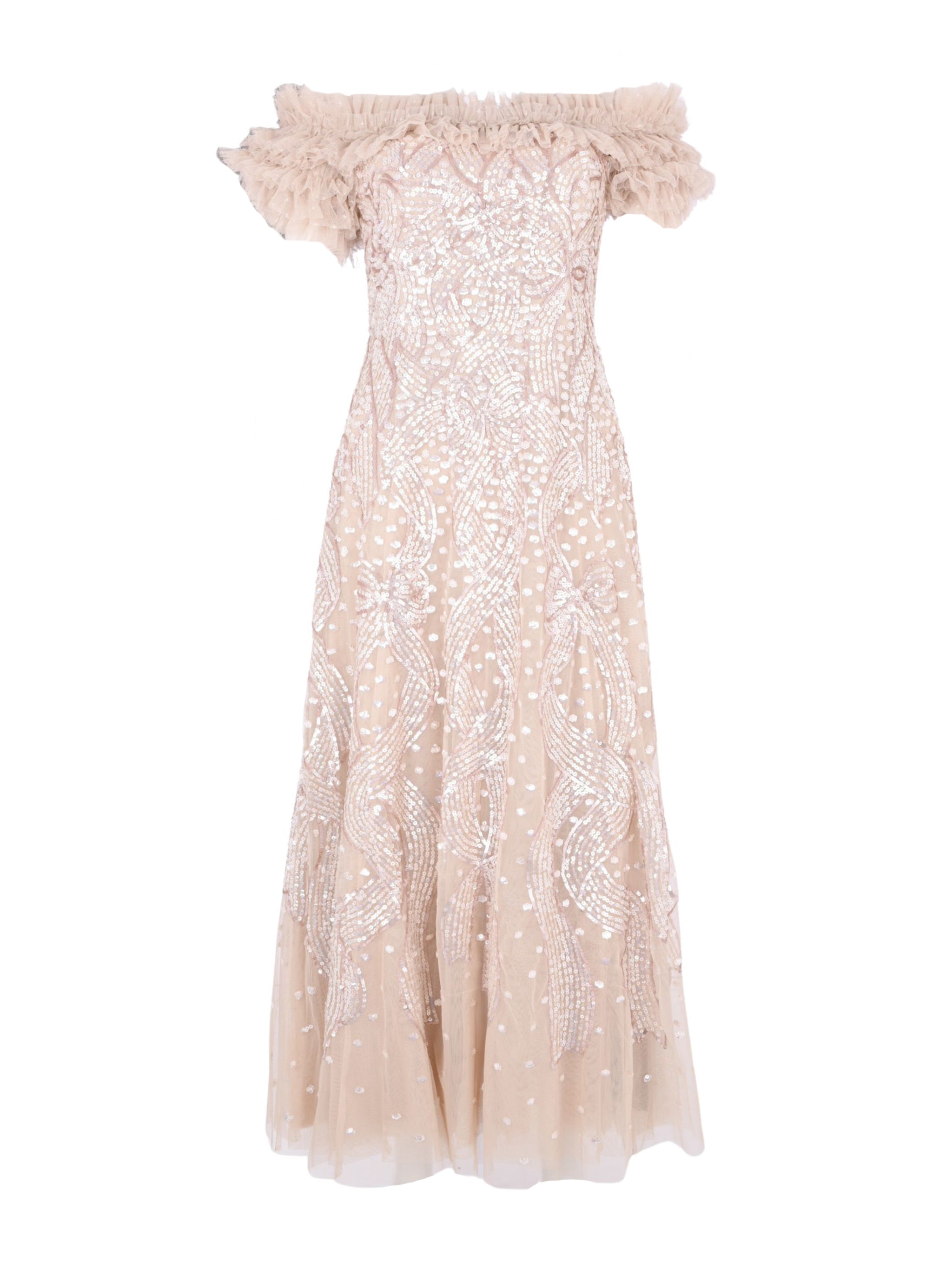 SEQUIN RIBBON OFF-SHOULDER ANKLE GOWN