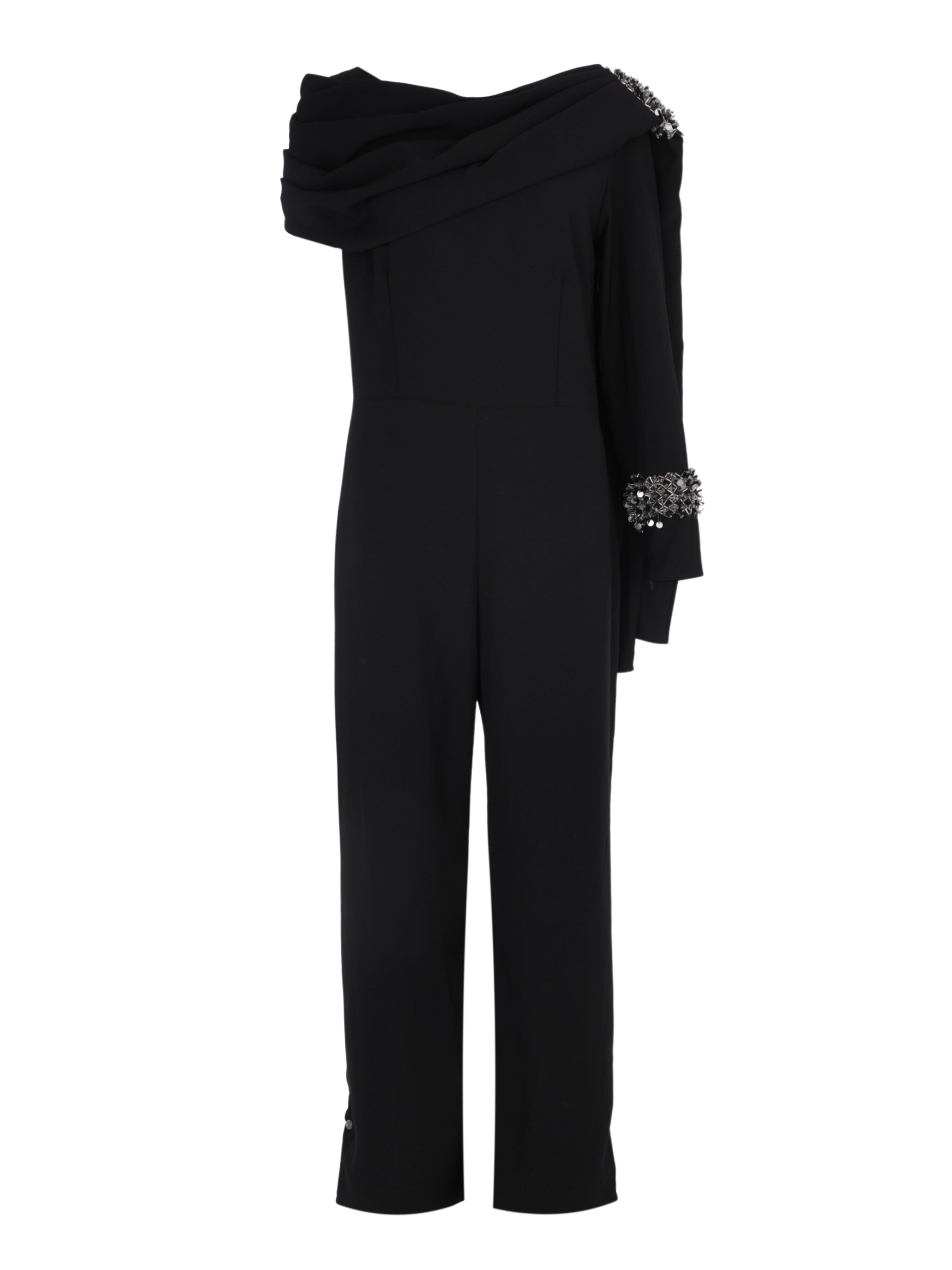 Hand embroiderd nlack cape on one side chest and sleeve   one long sleeves  cape and jumpsuit