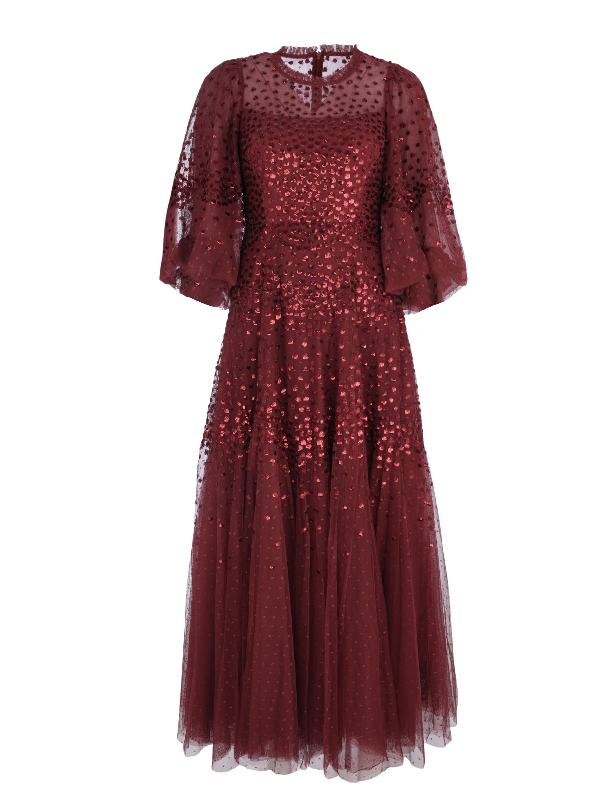 SCALLOP SEQUIN ROUND NECK ANKLE GOWN