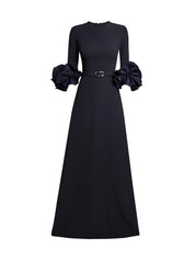 BELEN LONG SLEEVE A-LINE GOWN WITH RUFFLE SLEEVE DETAIL