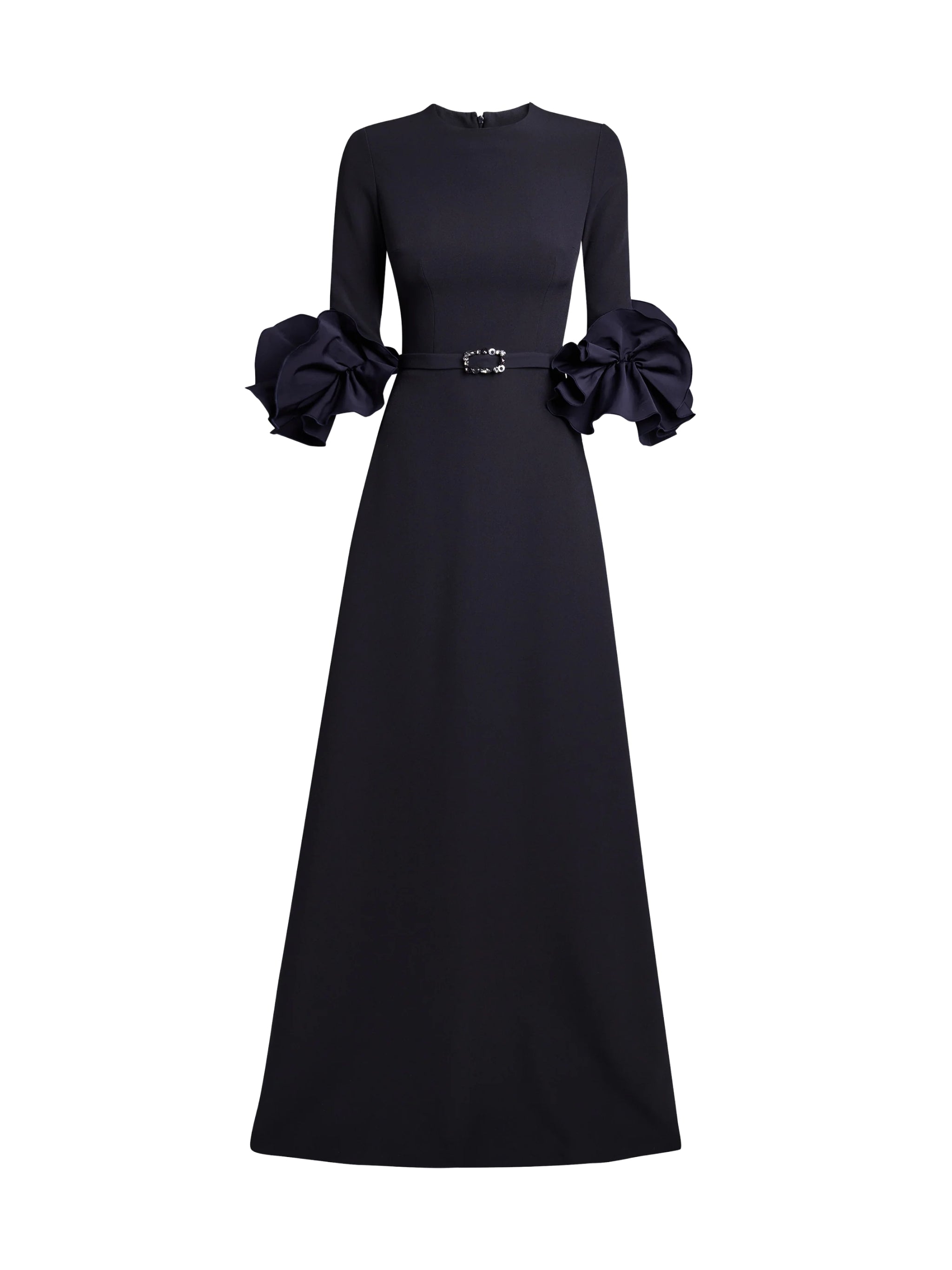BELEN LONG SLEEVE A-LINE GOWN WITH RUFFLE SLEEVE DETAIL