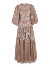 SCALLOP SEQUIN ROUND NECK ANKLE GOWN