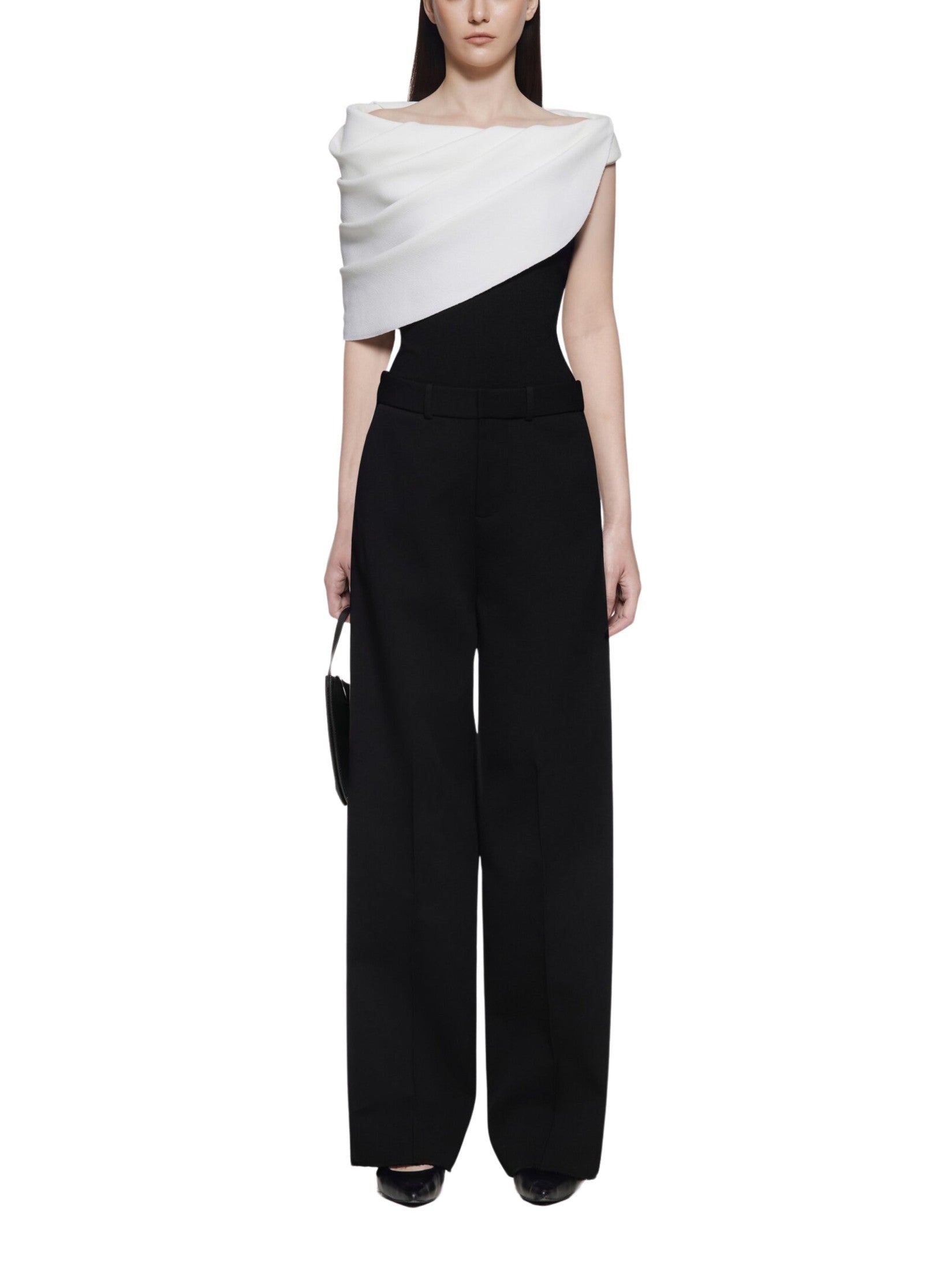 Off-shoulder bodysuit with cowl drapes and padded yoke