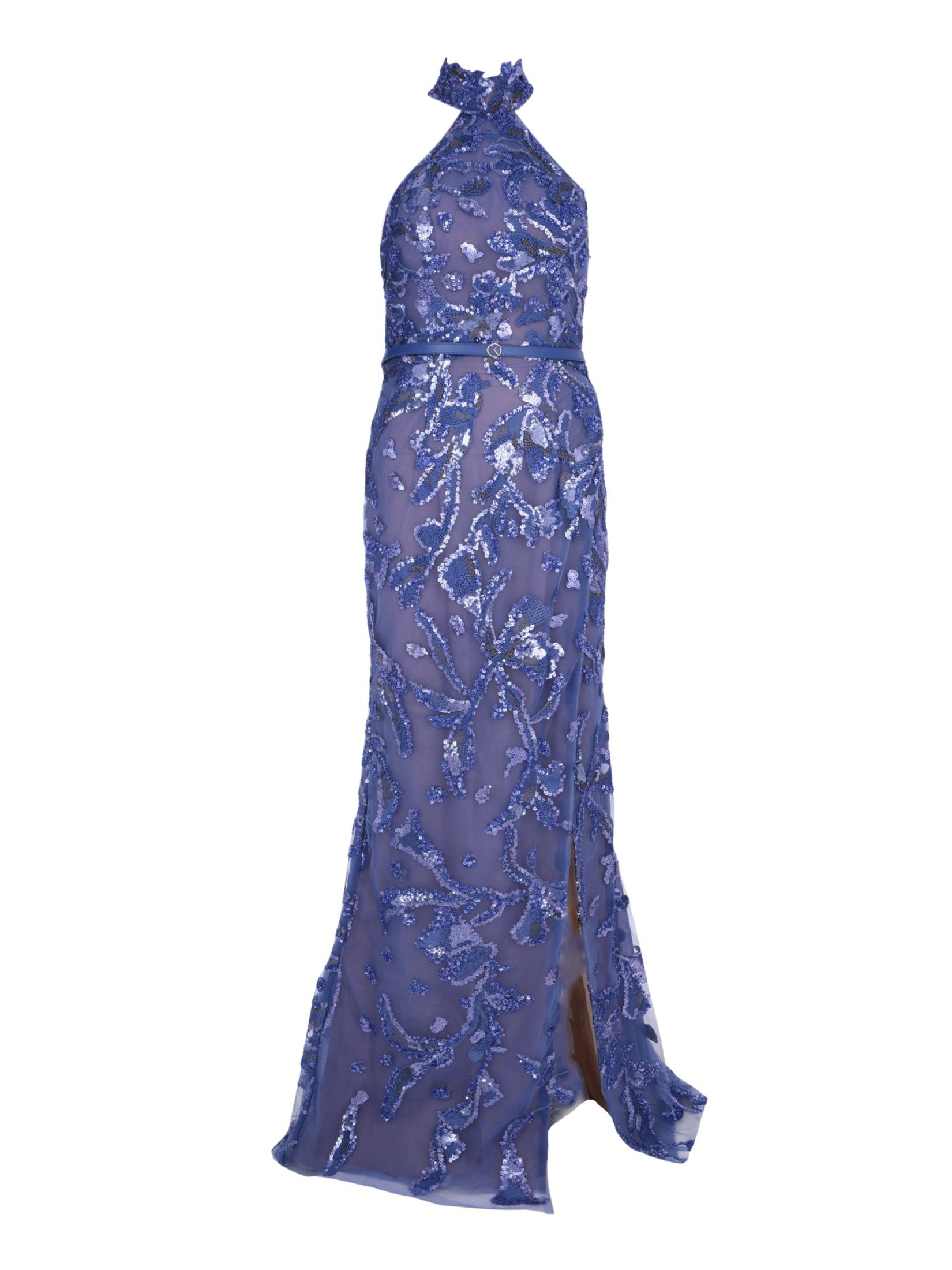 Halter neck embroidered tulle dress