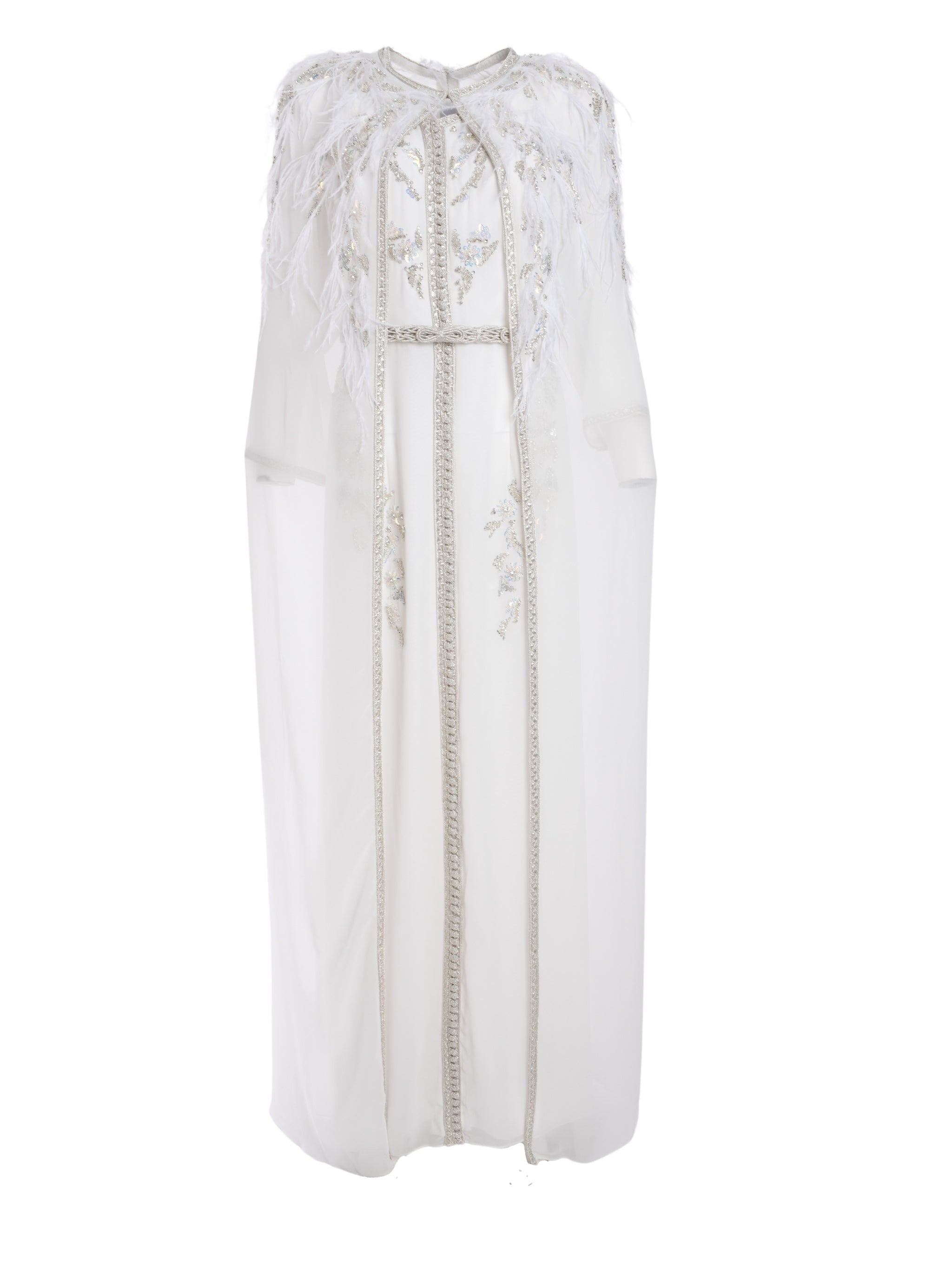 2-Piece Modern Moroccan Kaftan Set with Luxe Sequins & Feather Detailing - Separate Belt