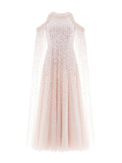 MOONLIGHT SEQUIN CAPE SLEEVE ANKLE GOWN