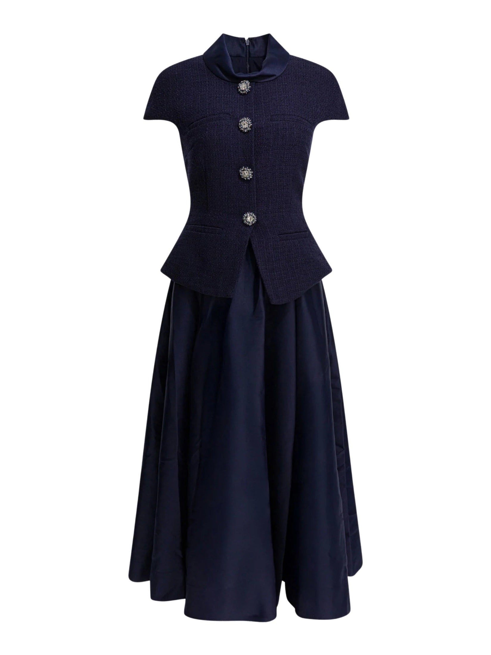 Navy bouclé taffeta midi dress