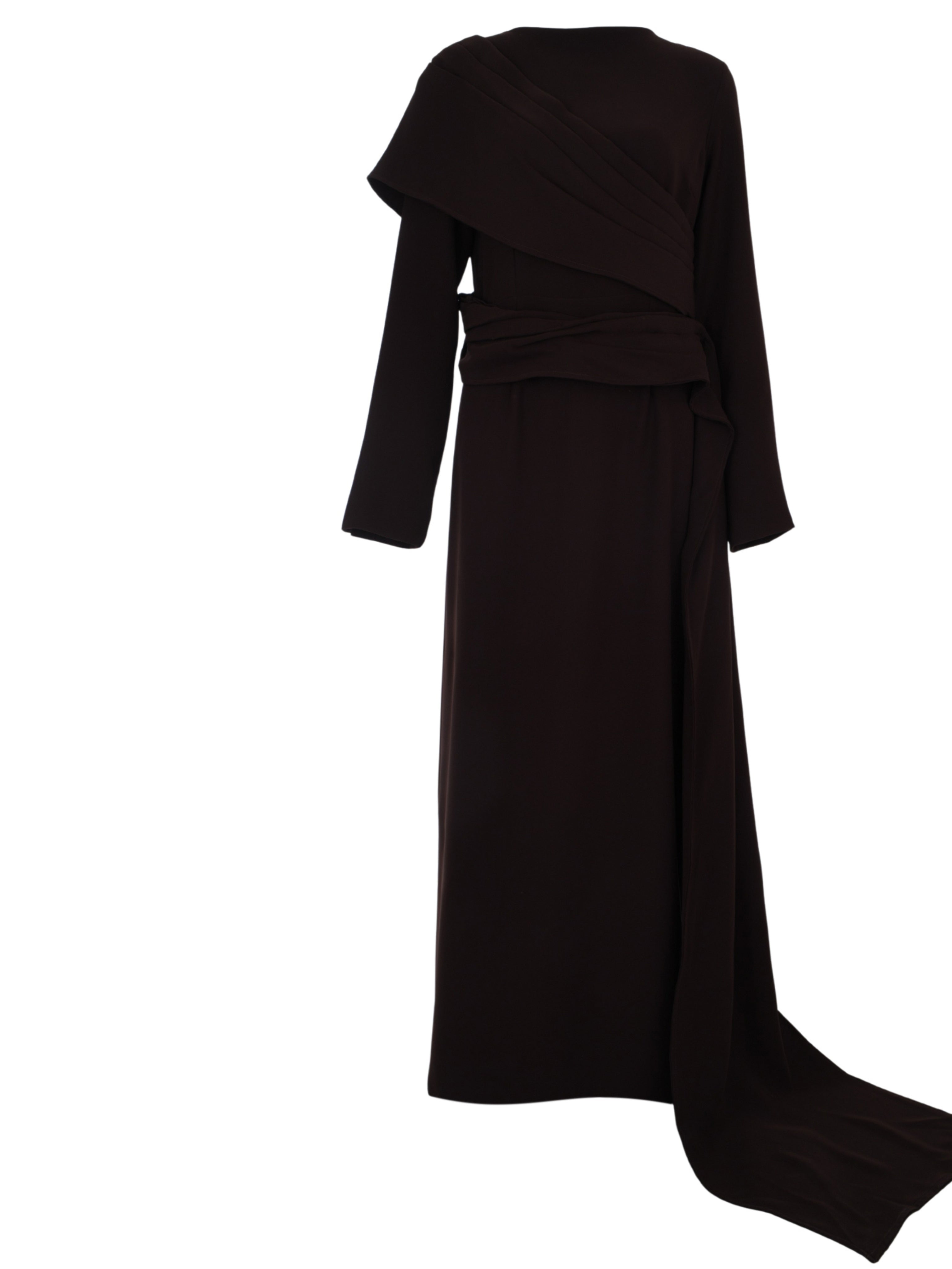 Long Sleeves Dress Straight Cut With Pleated Rap Around Shoulder