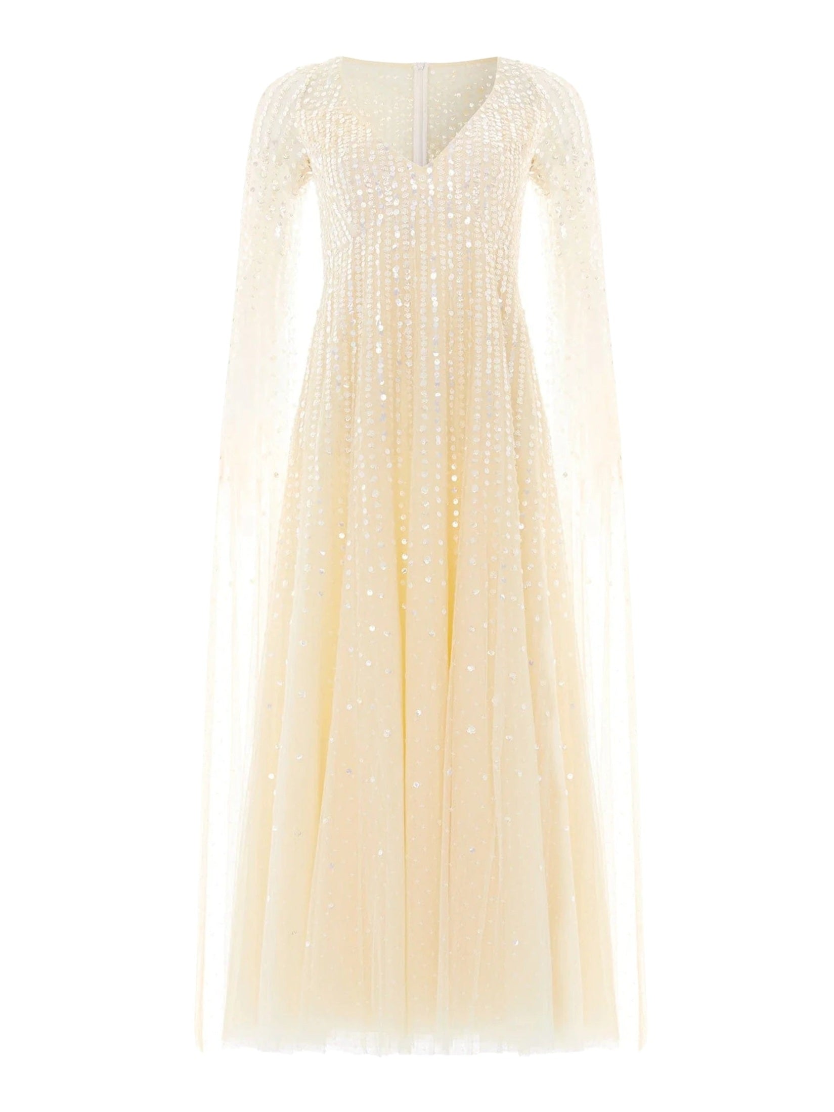 Moonlight sequin v-neck cape sleeve ankle gown