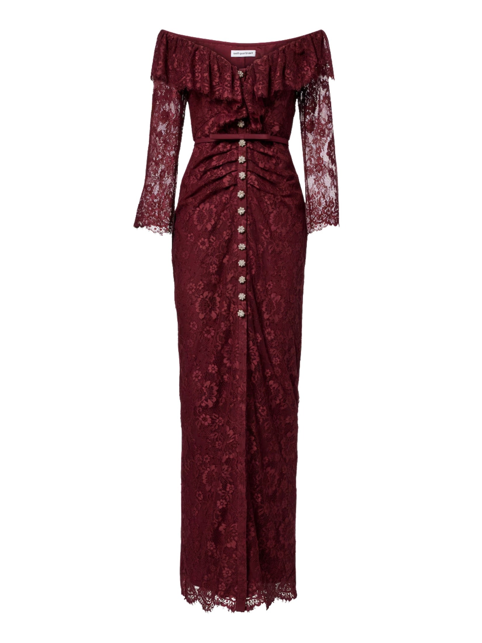 Burgundy off-shoulder gathered lace maxi dress