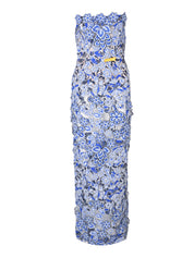Paros 3d floral strapless maxi dress in blue white