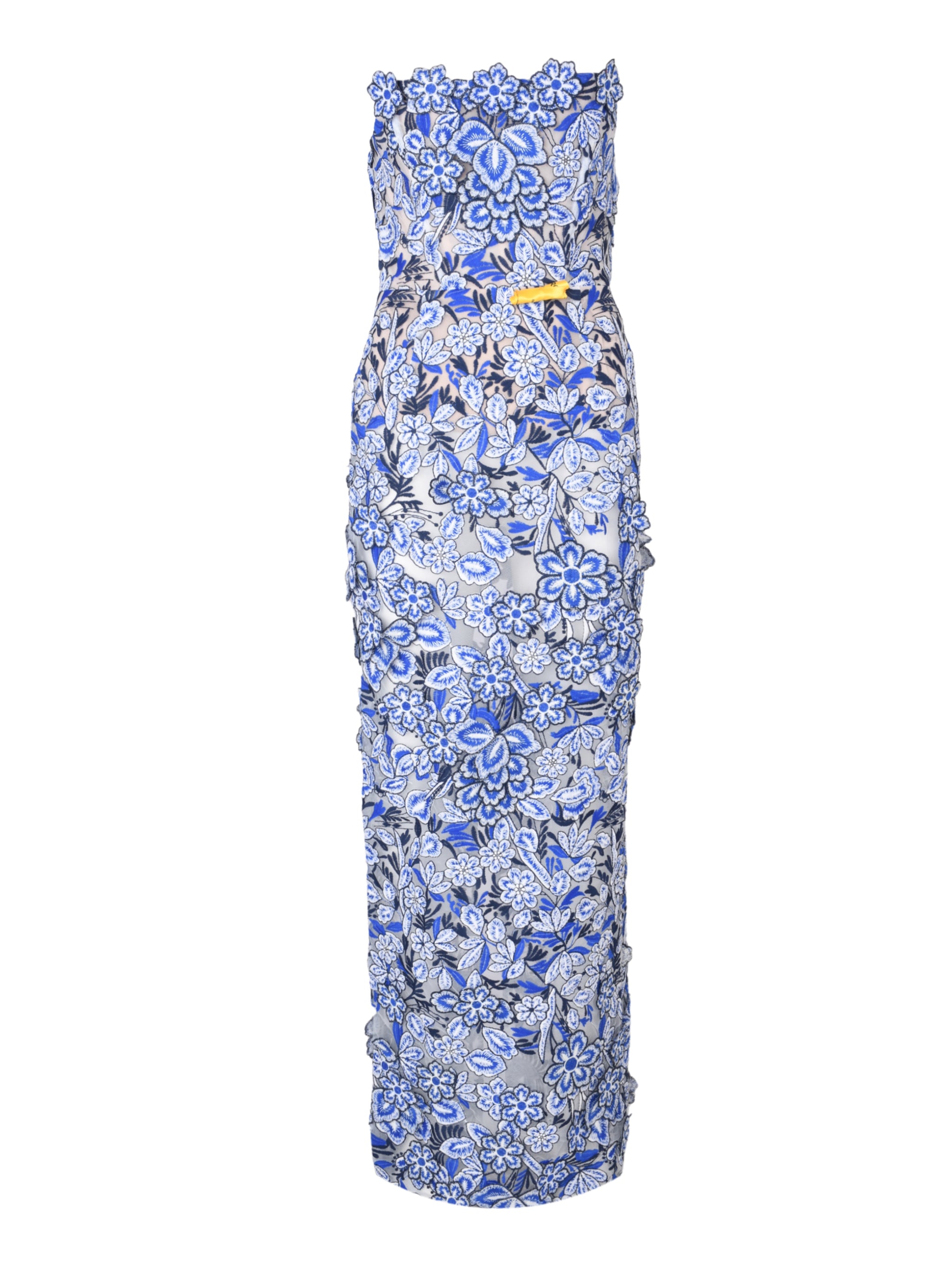 Paros 3d floral strapless maxi dress in blue white