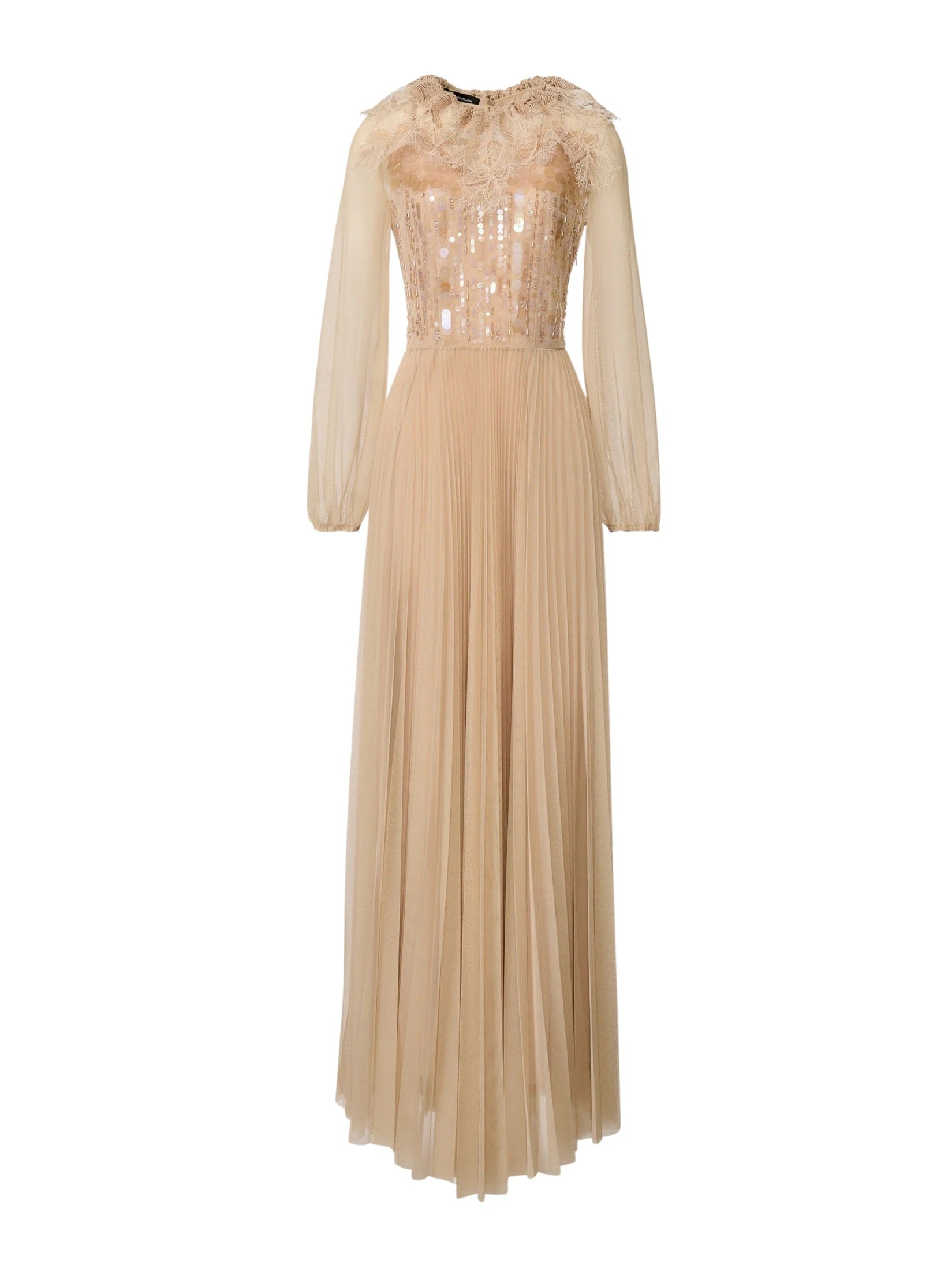 Pleated tulle long sleeve embroidered long dress