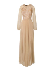 Pleated tulle long sleeve embroidered long dress