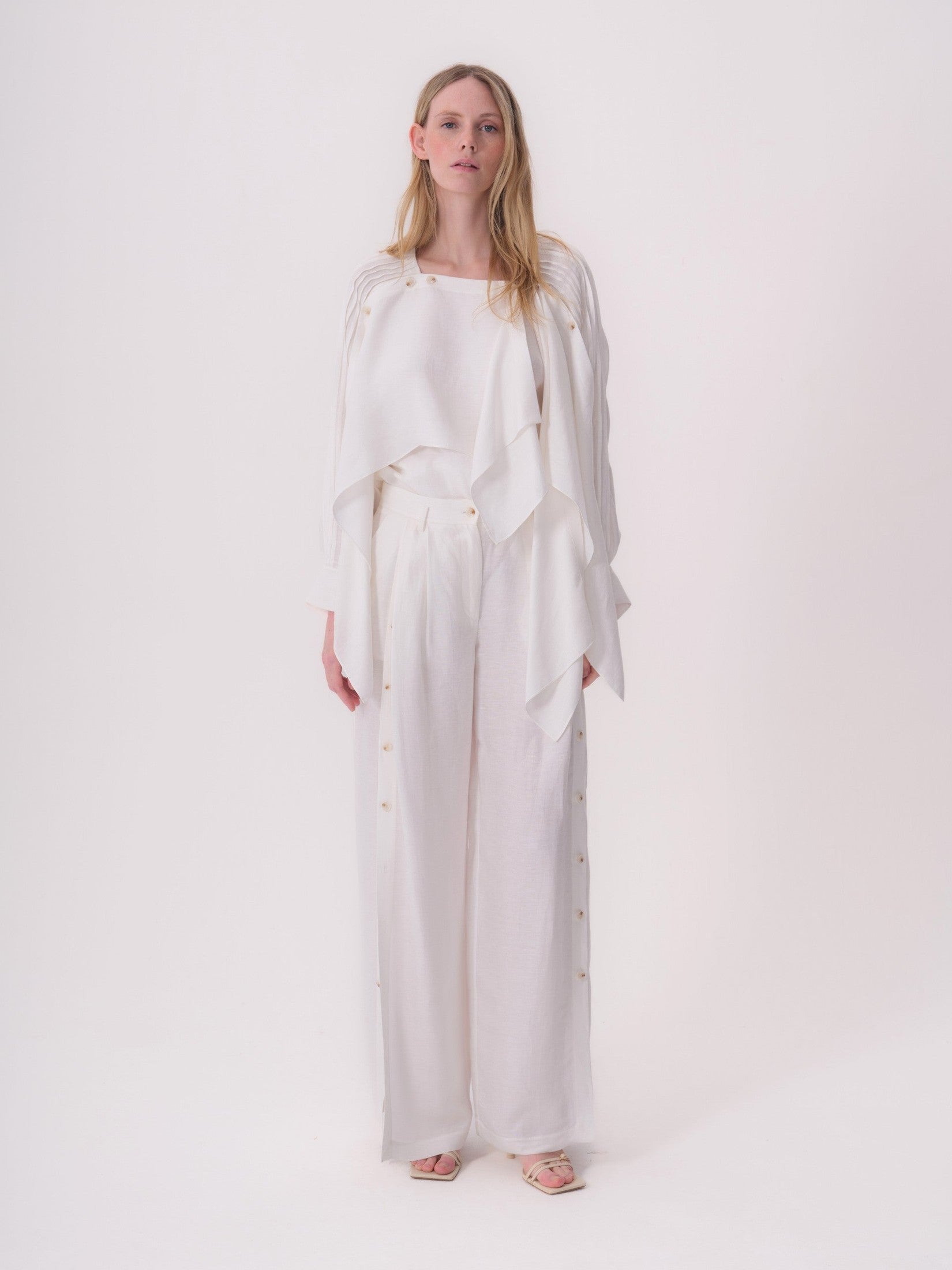 White Linen Trousers with Button Detail