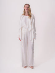 White Linen Trousers with Button Detail