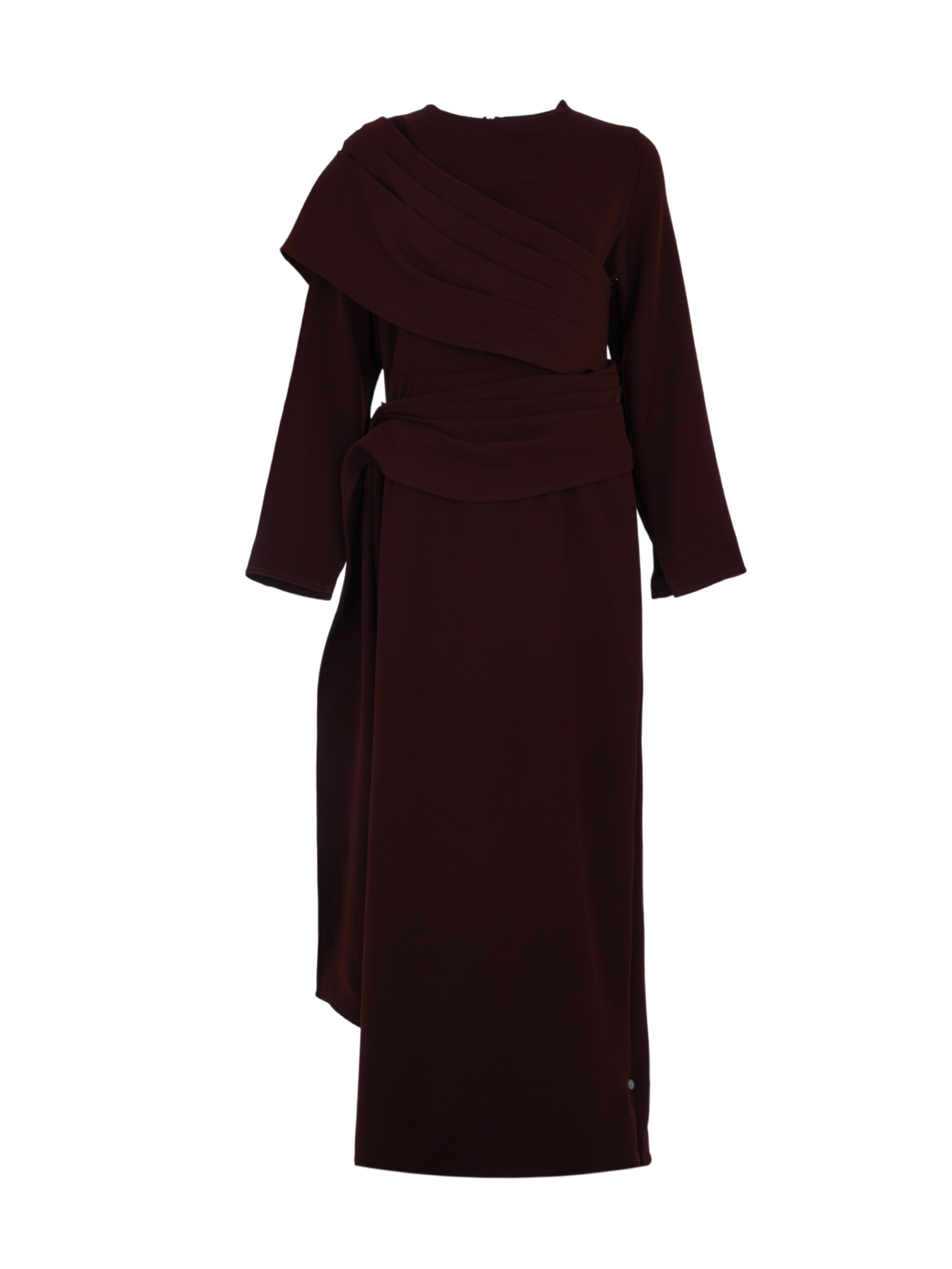 Long Sleeves Dress Strait Cut With Pleated Wrap Around Shoulder Short Wrap