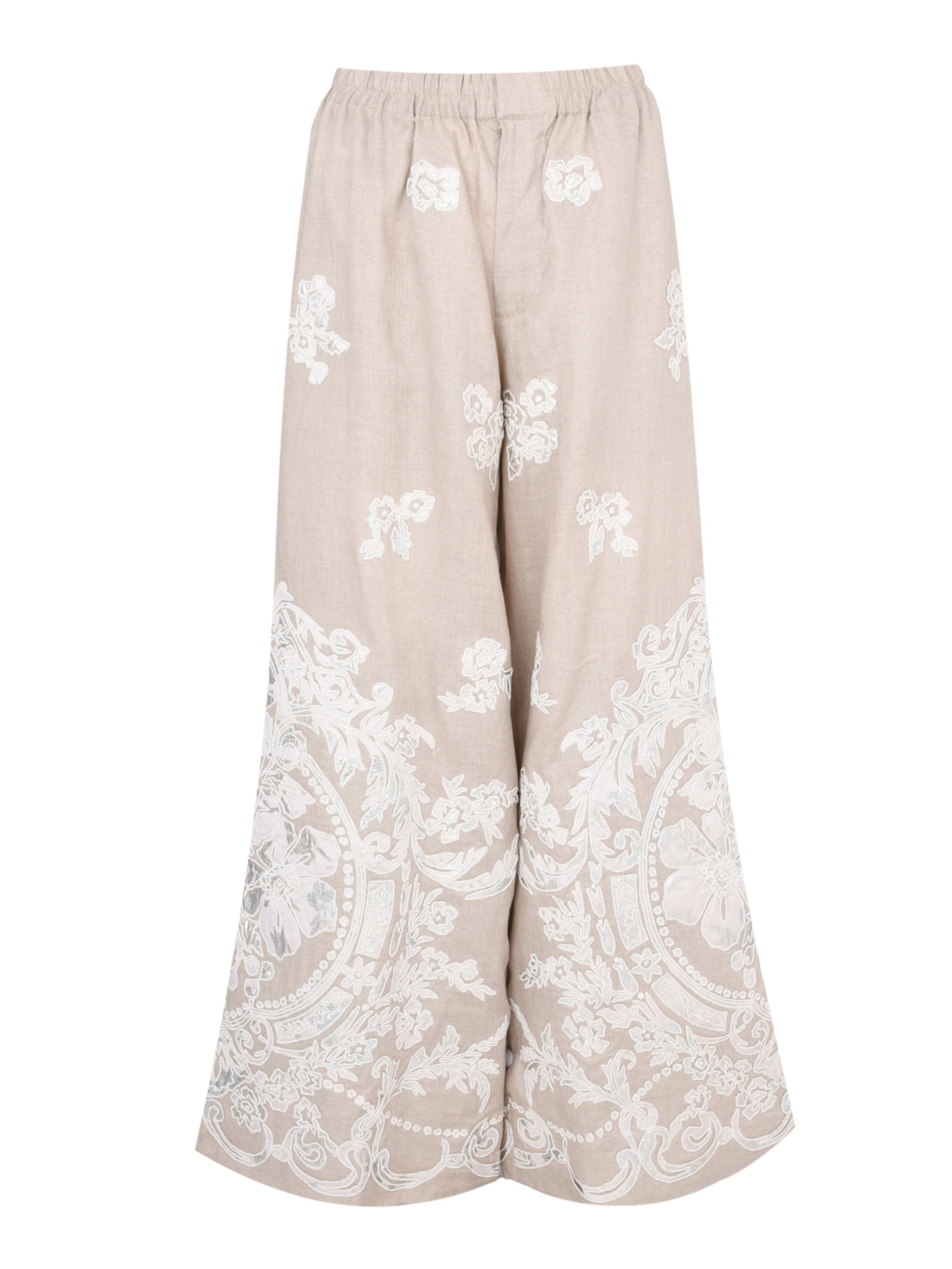 Perle full elastic waistband linen wide leg long pant with cord lame jacquard embroidery applique