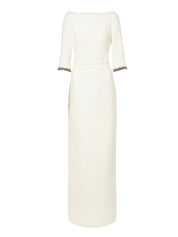3/4 sleeve column gown with boat neckline