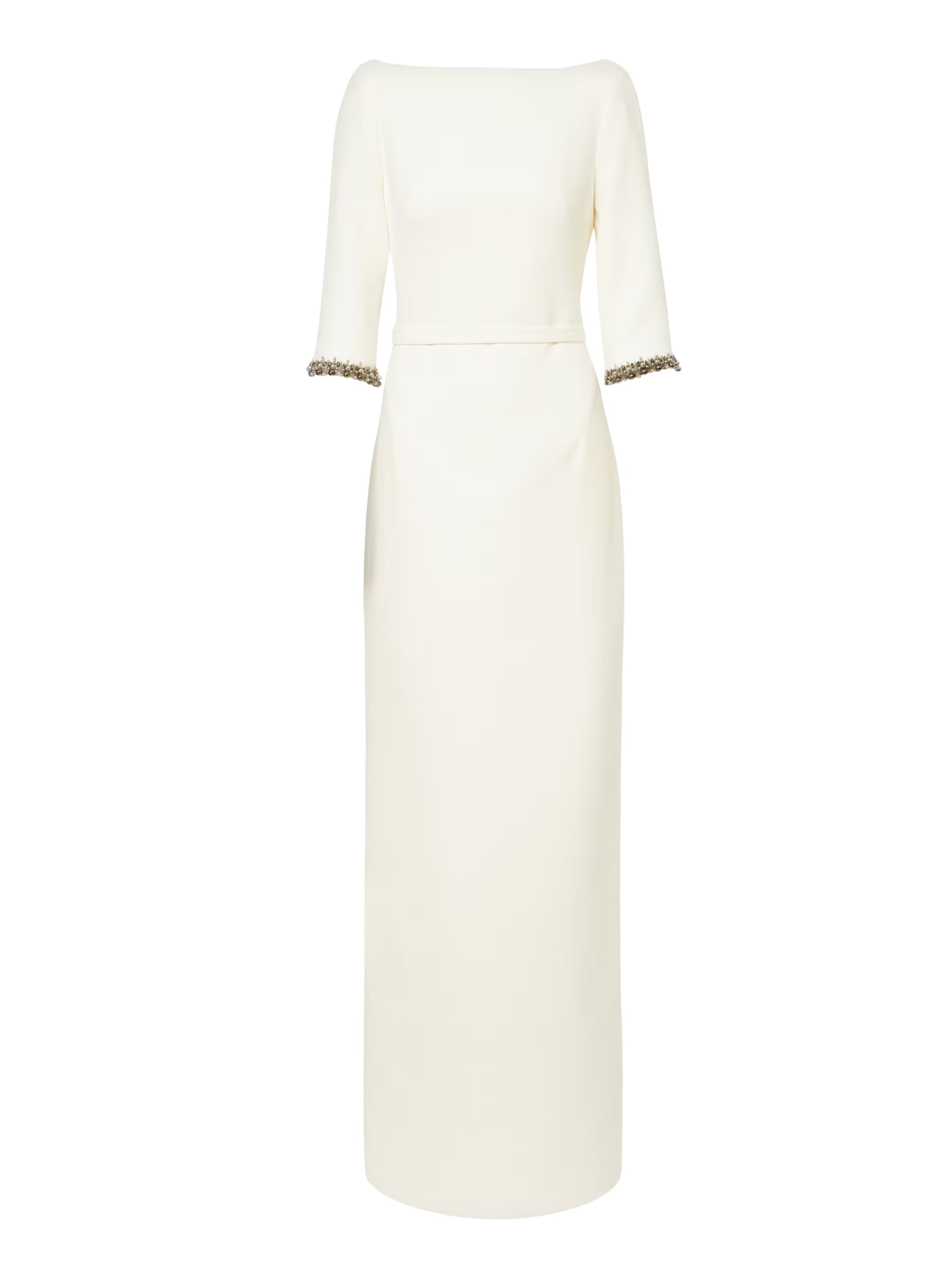3/4 sleeve column gown with boat neckline