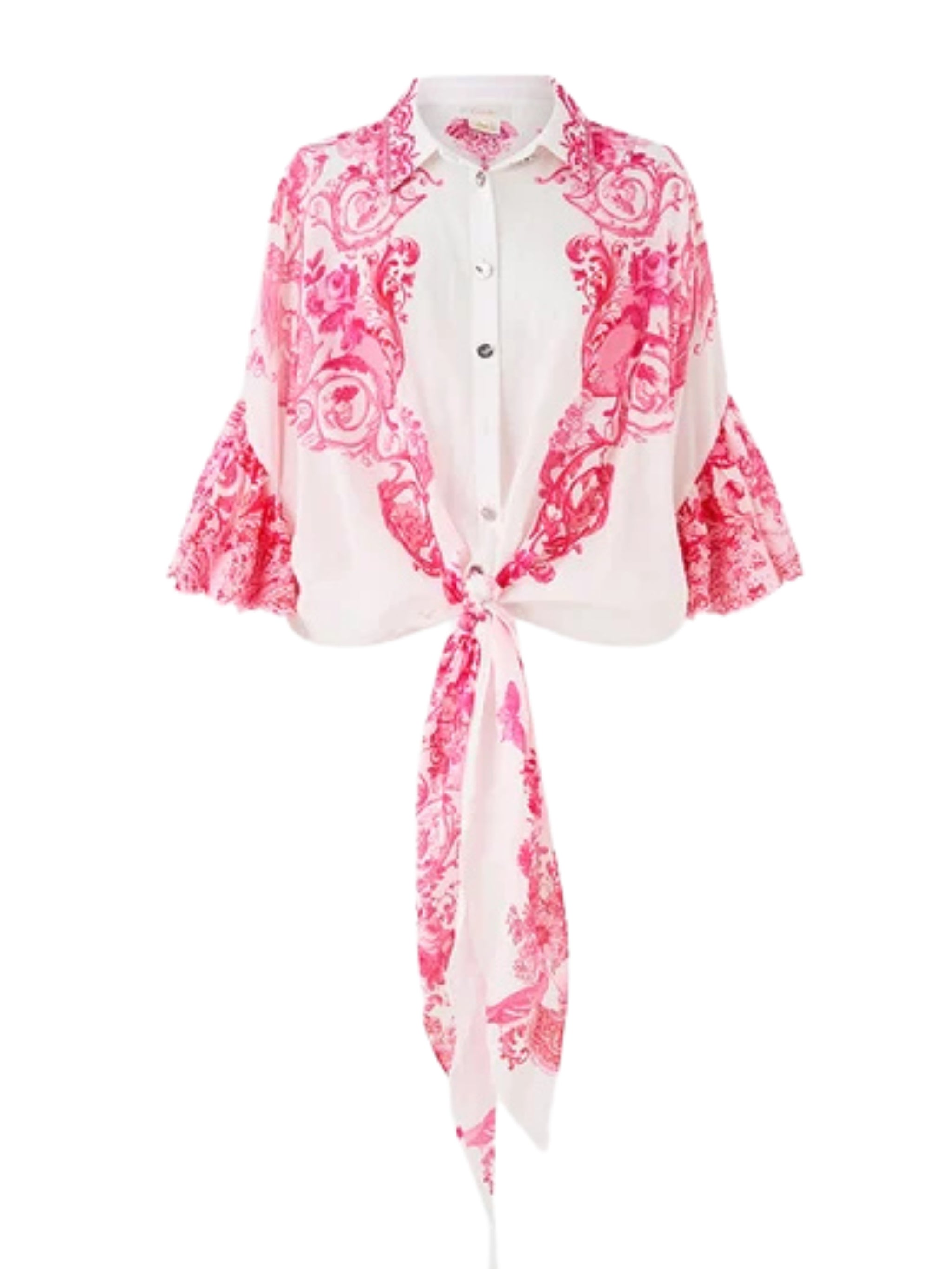 Tie front shirt with sleeve frill